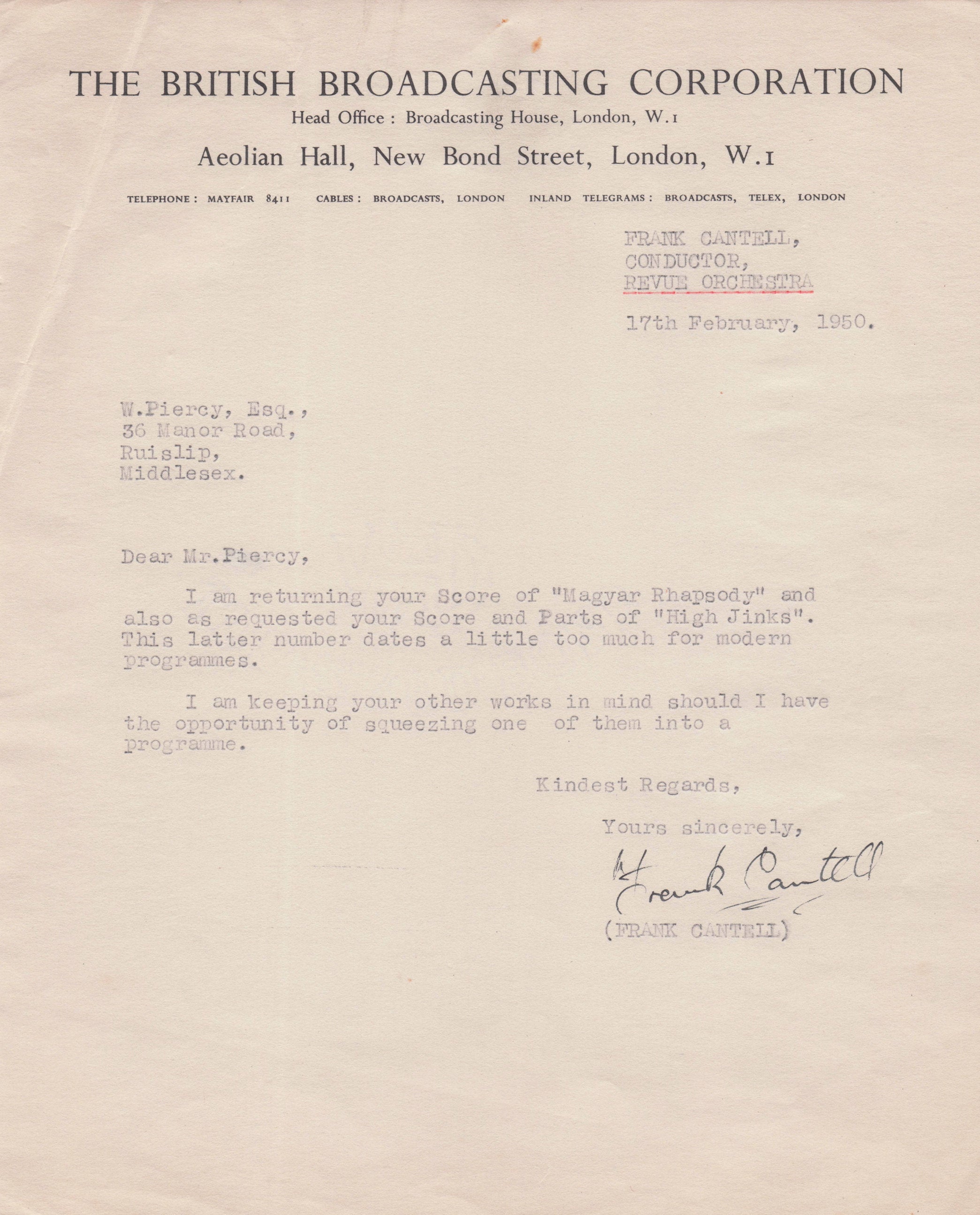 Frank Cantell BBC Orchestra Conductor High Jinks 1950 Old Hand Signed Letter