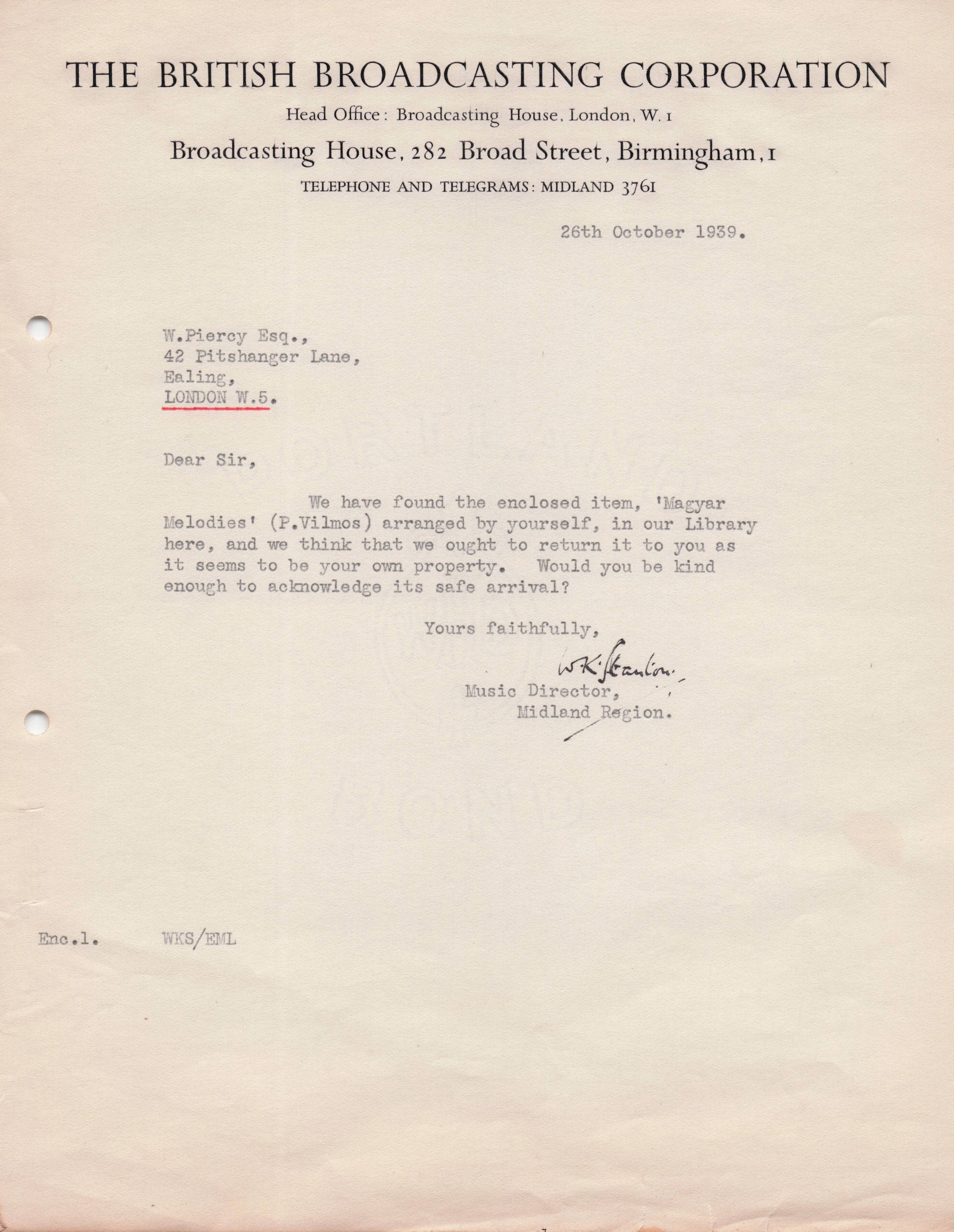 Walter W.K. Stanton WW2 Blitz BBC Midland Orchestra Radio Hand Signed Letter
