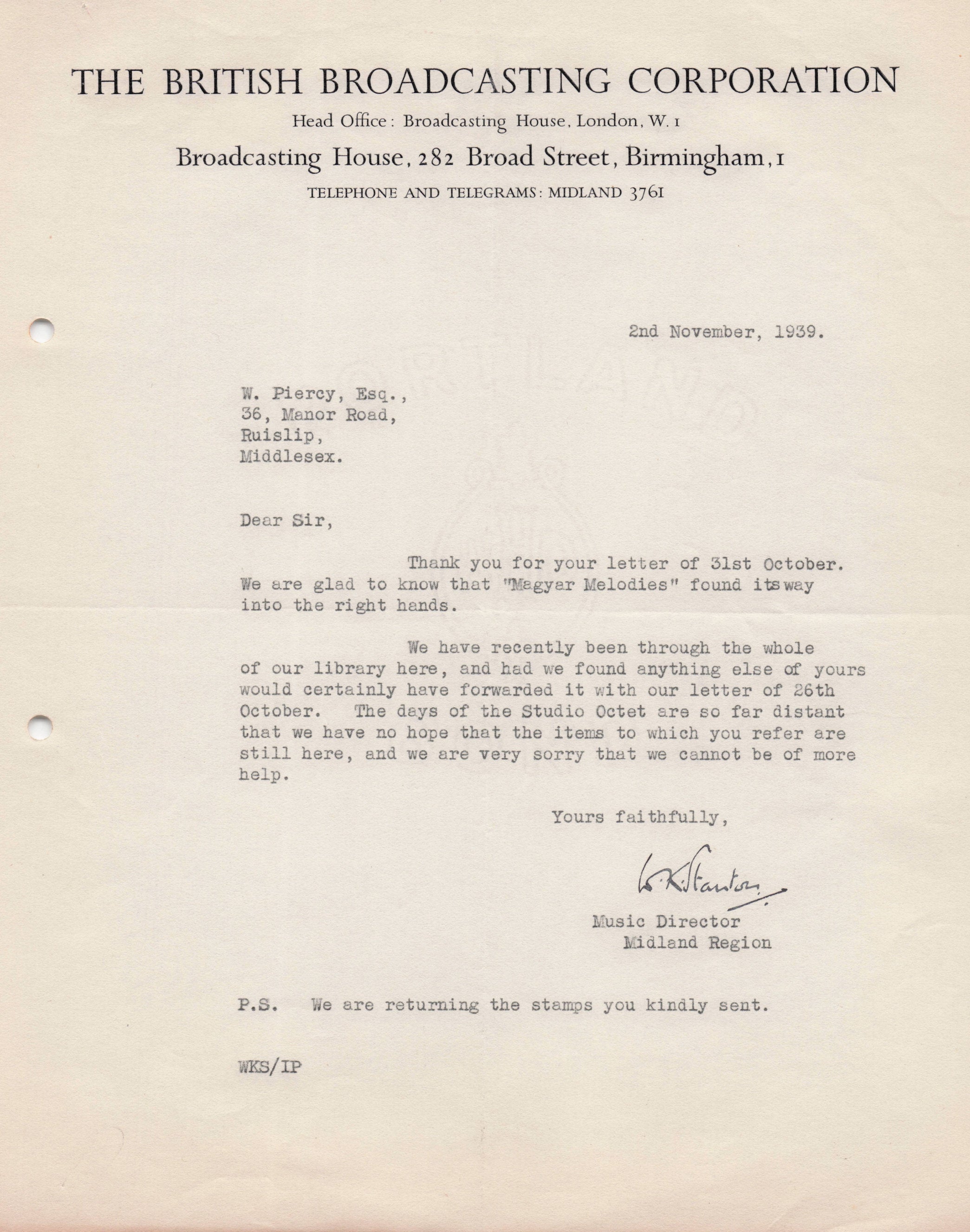 Walter W.K. Stanton WW2 Blitz BBC Orchestra 1939 Radio Hand Signed Letter