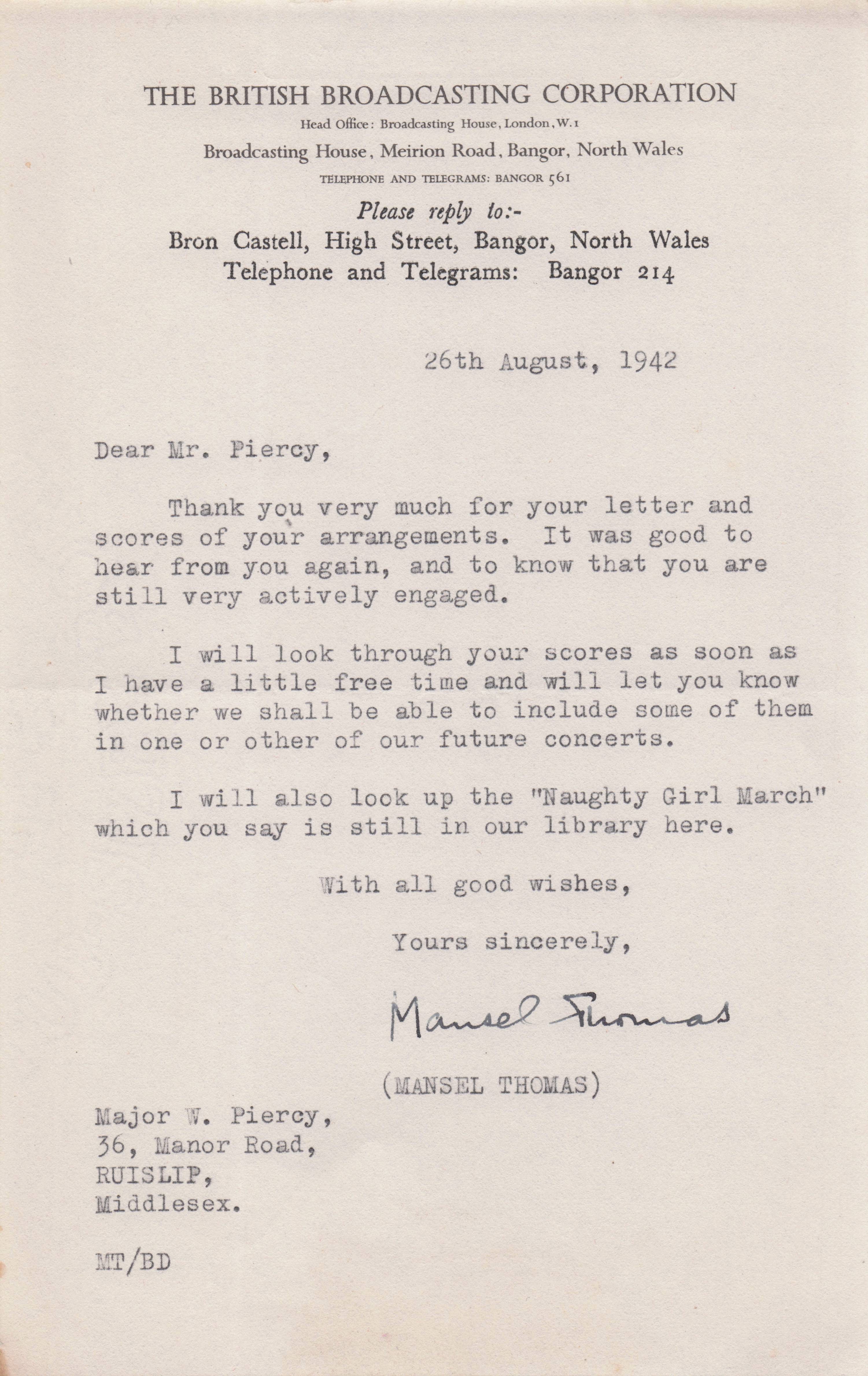 Mansel Thomas BBC Wales WW2 War Folk Music Composer Hand Signed Letter