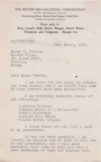 Mansel Thomas BBC Wales WW2 War Folk Music Radio Welsh Hand Signed Letter