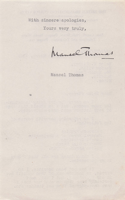 Mansel Thomas BBC Wales WW2 War Folk Music Radio Welsh Hand Signed Letter