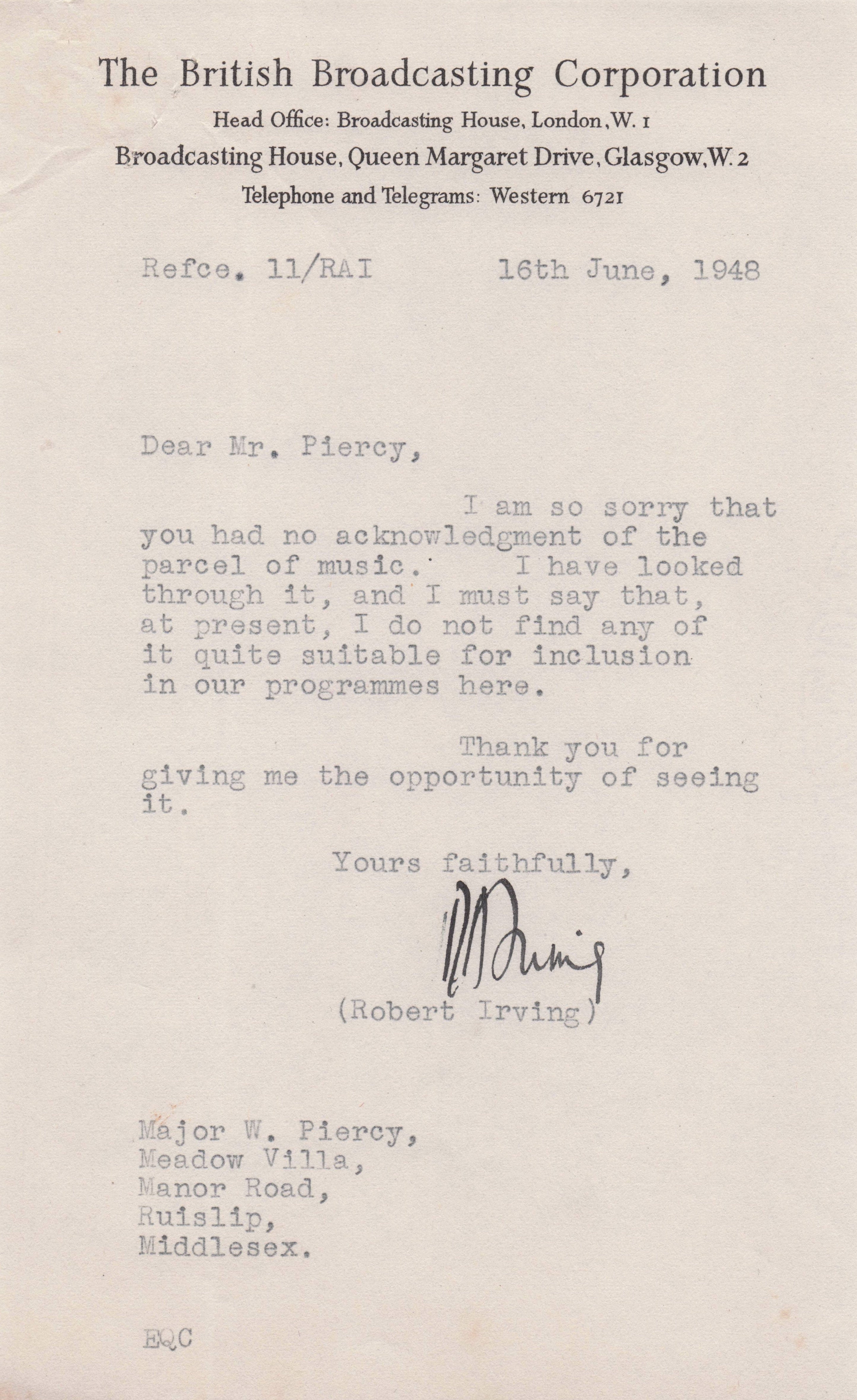Robert Irving Royal Ballet Conductor 1940s BBC Official Hand Signed Letter