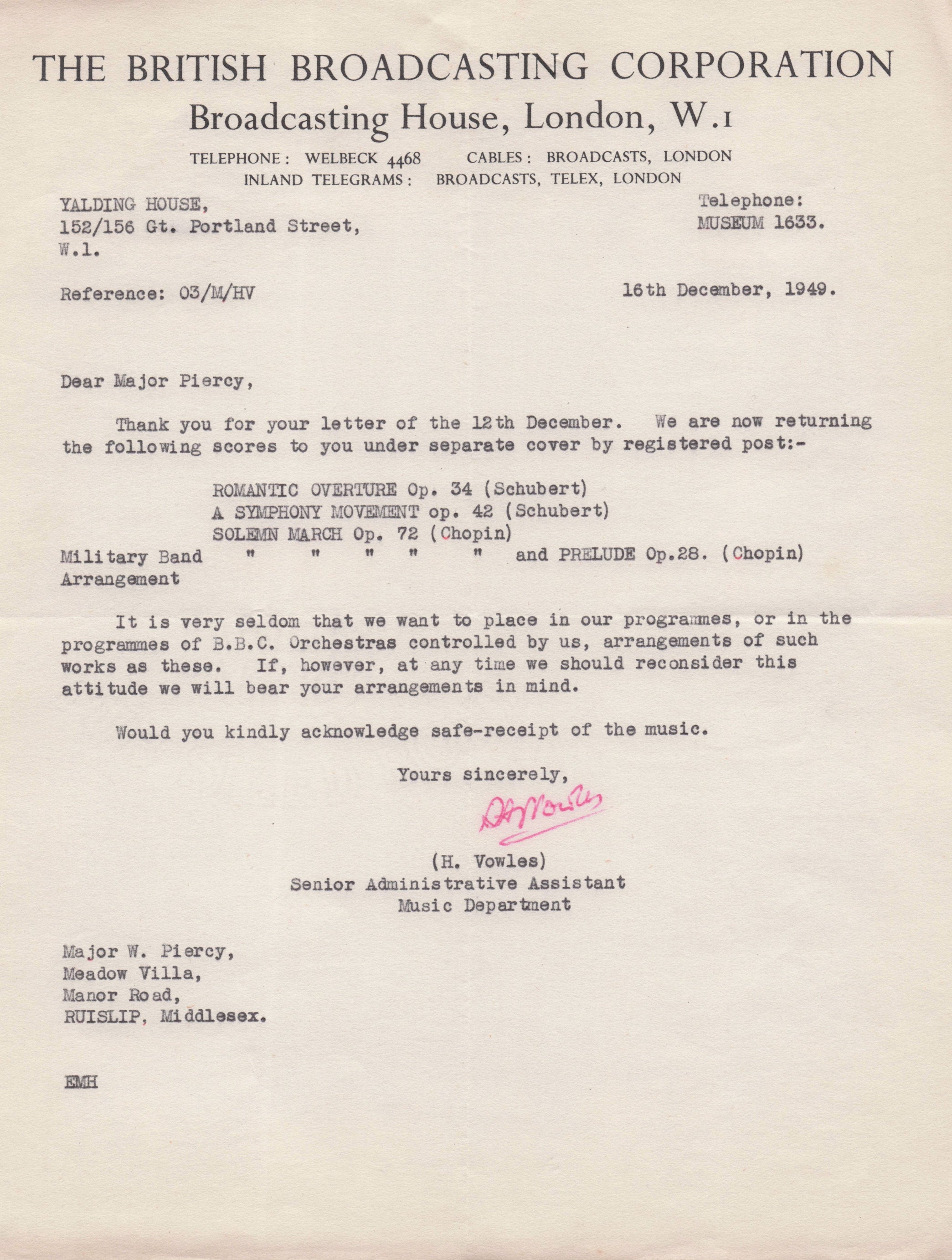 Edward Vowles BBC Radio James Watt Steam Train 1940s Hand Signed Letter