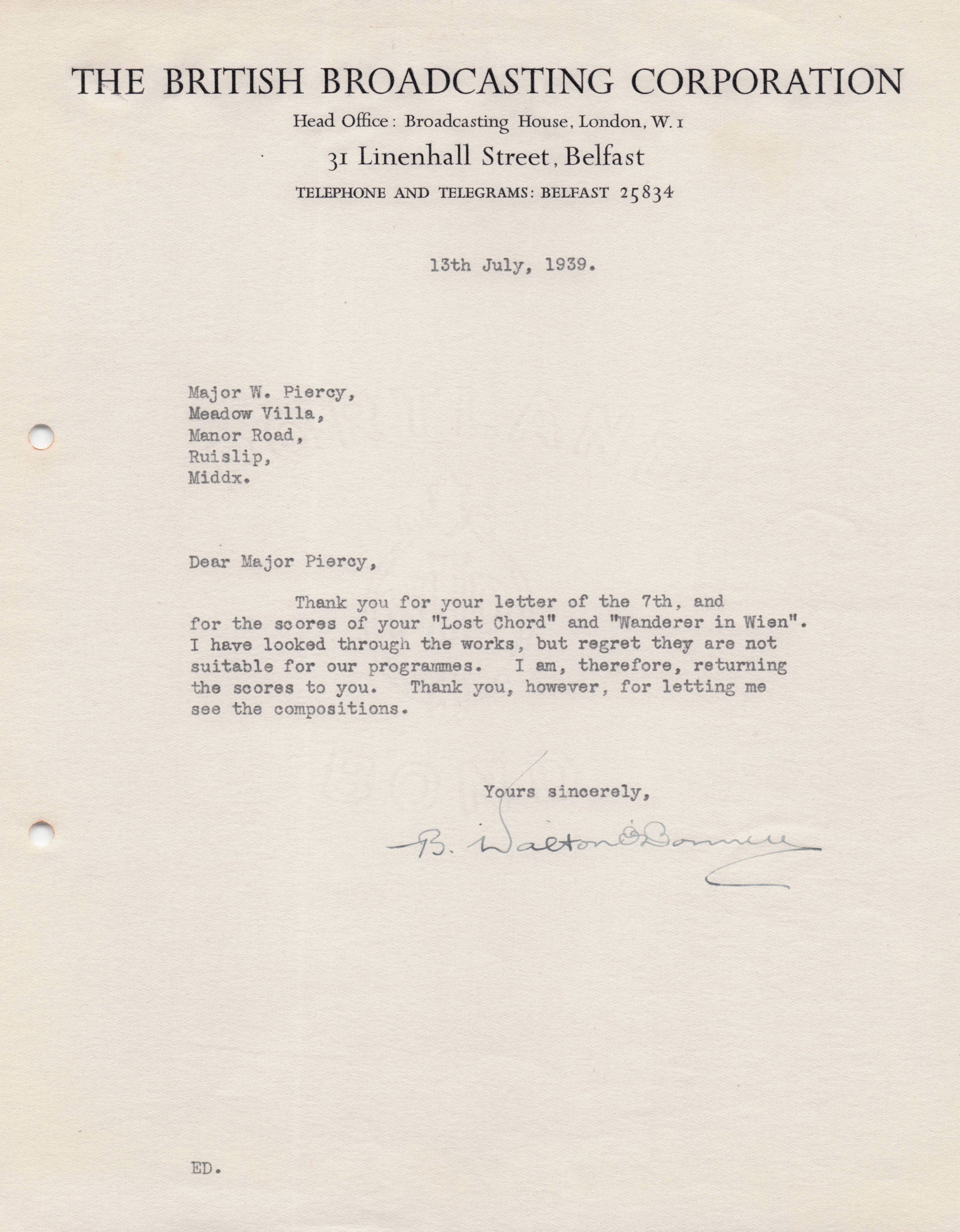 Bertram Walton O'Donnell BBC WW2 Irish Military Band Music Hand Signed Letter