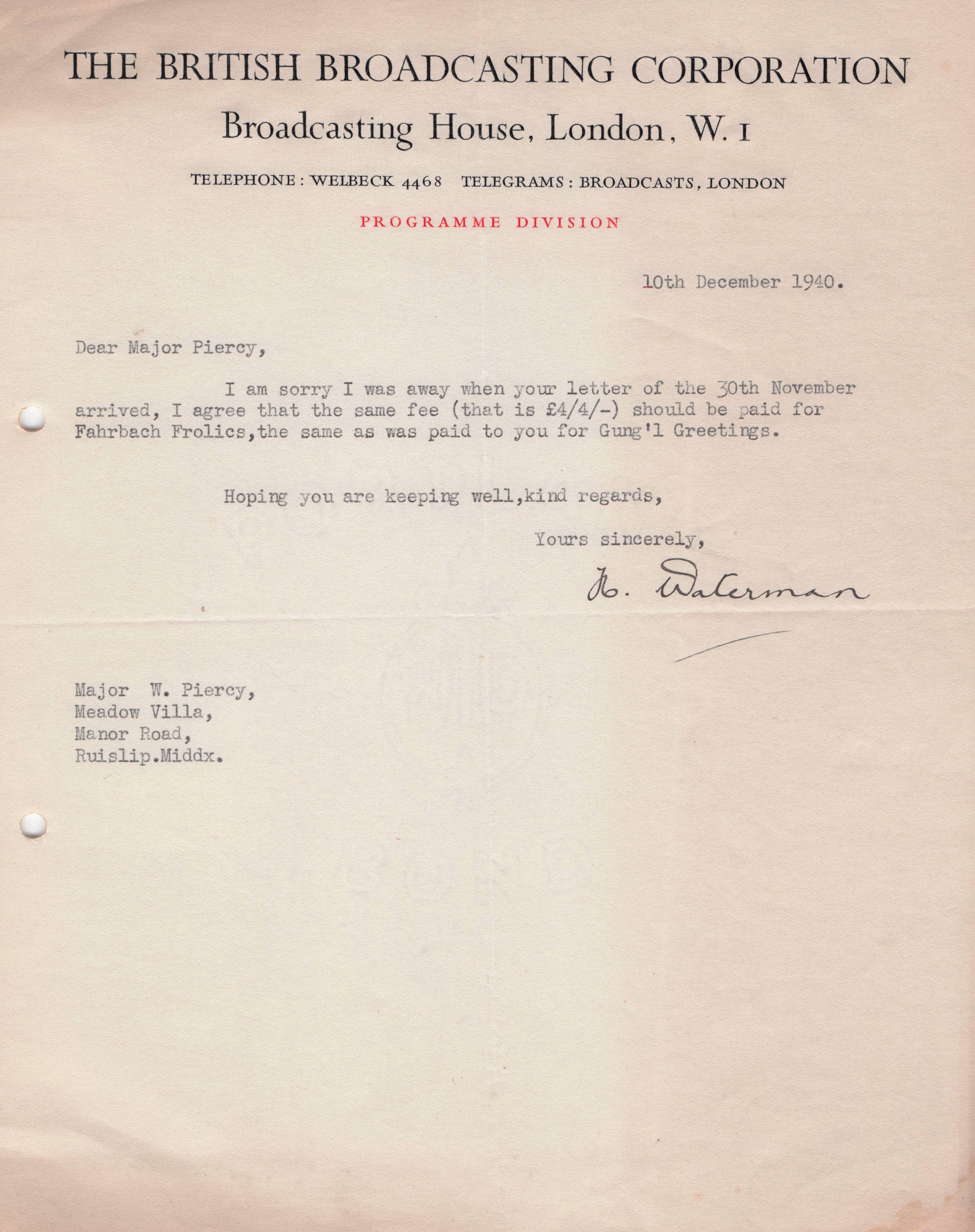 H.Waterman BBC WW2 Sheet Music Radio To Military Major Hand Signed Letter