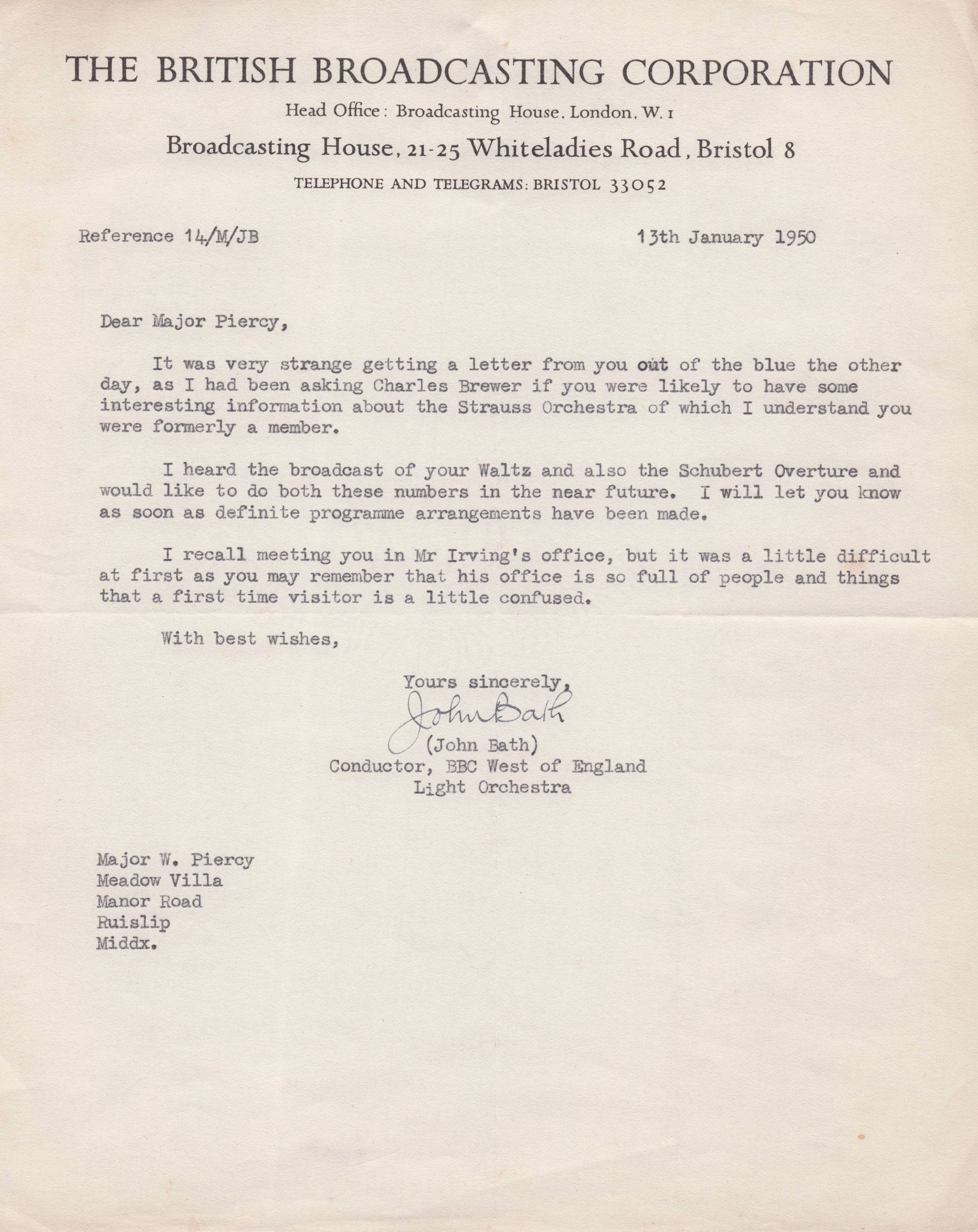John Bath WW2 Film Composer Hubert Charles Brewer BBC Hand Signed Letter
