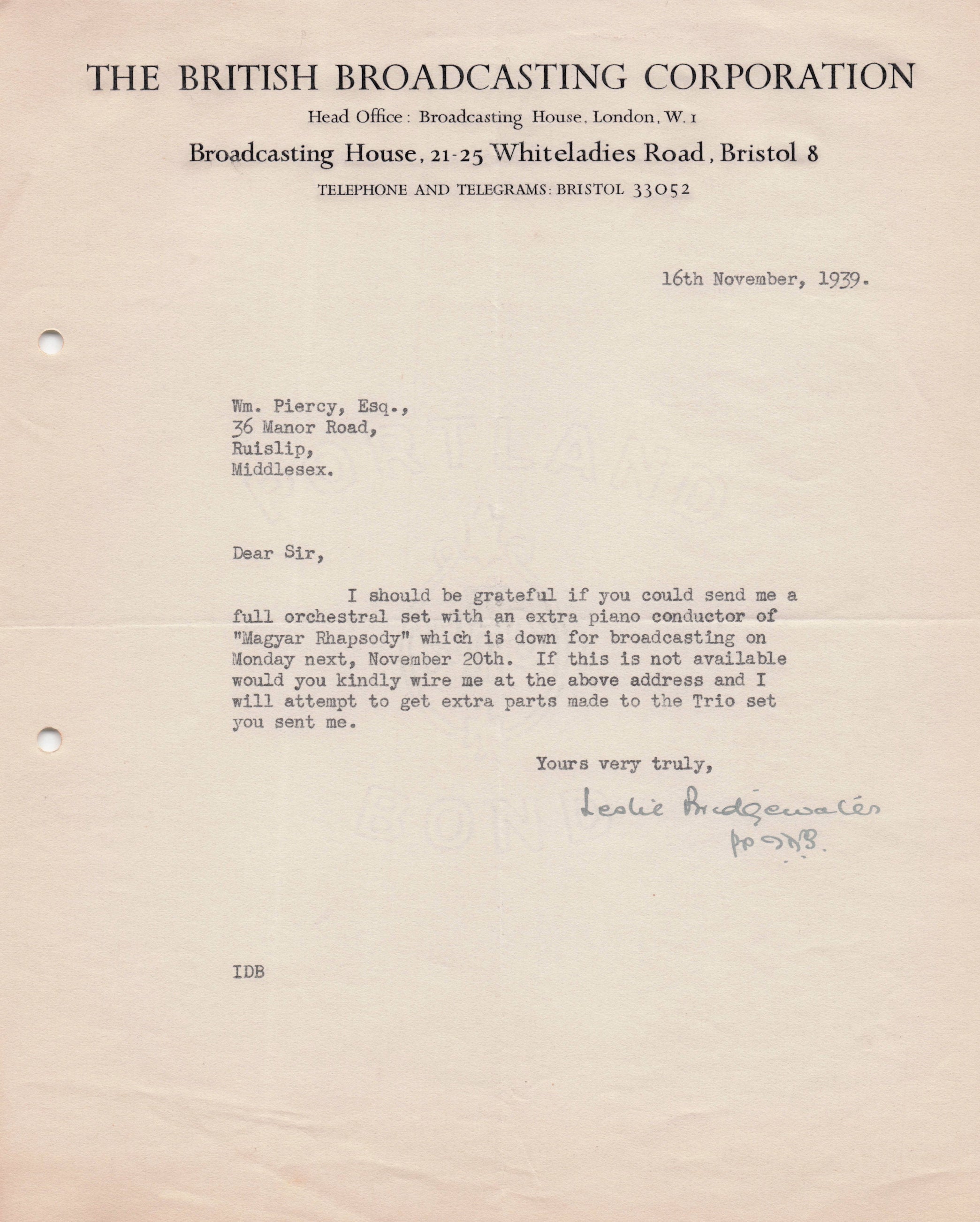 Leslie Bridgewater BBC WW2 Salon Orchestra Radio Quintet Hand Signed Letter