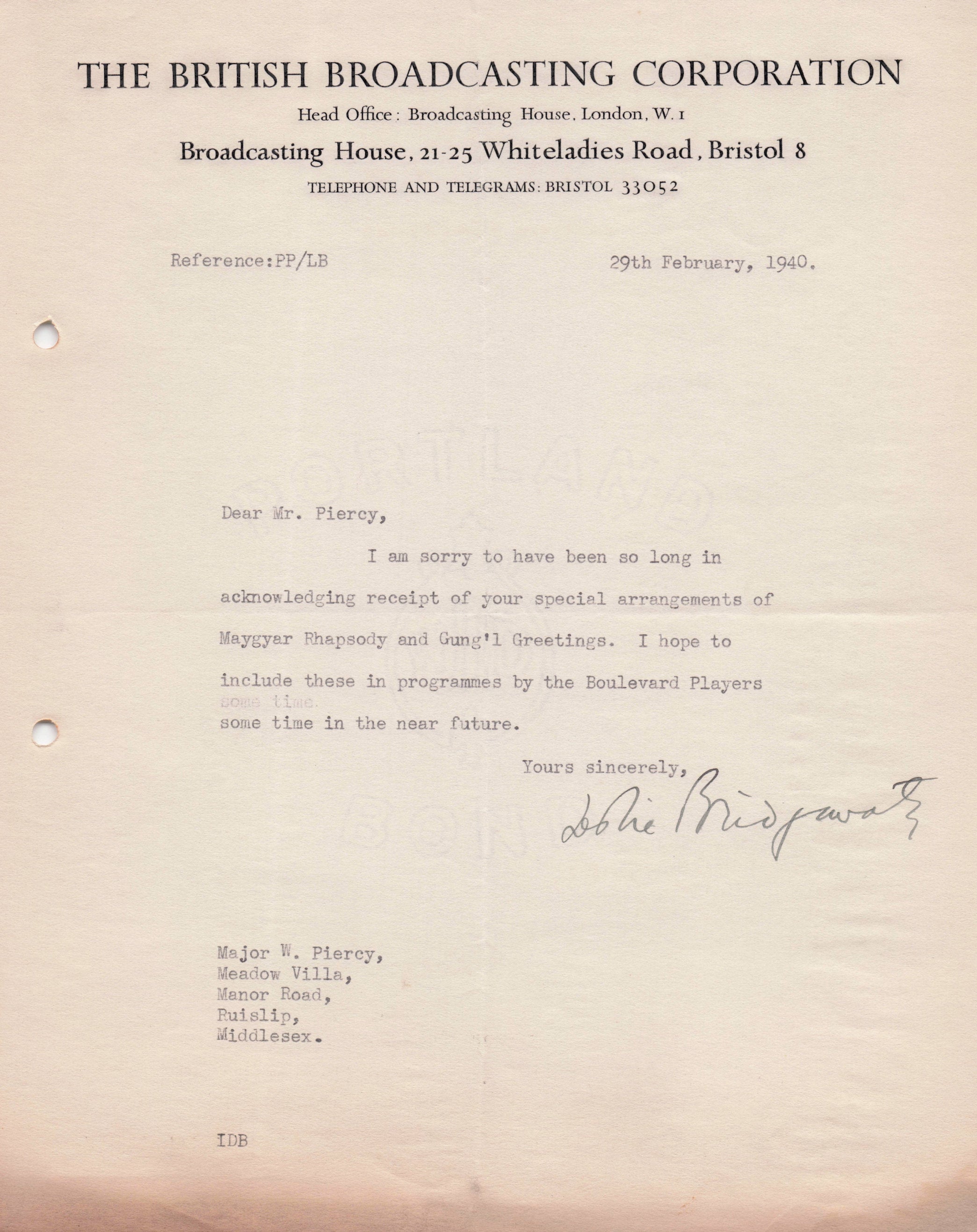 Leslie Bridgewater BBC WW2 Salon Orchestra Radio Quintet Hand Signed Letter
