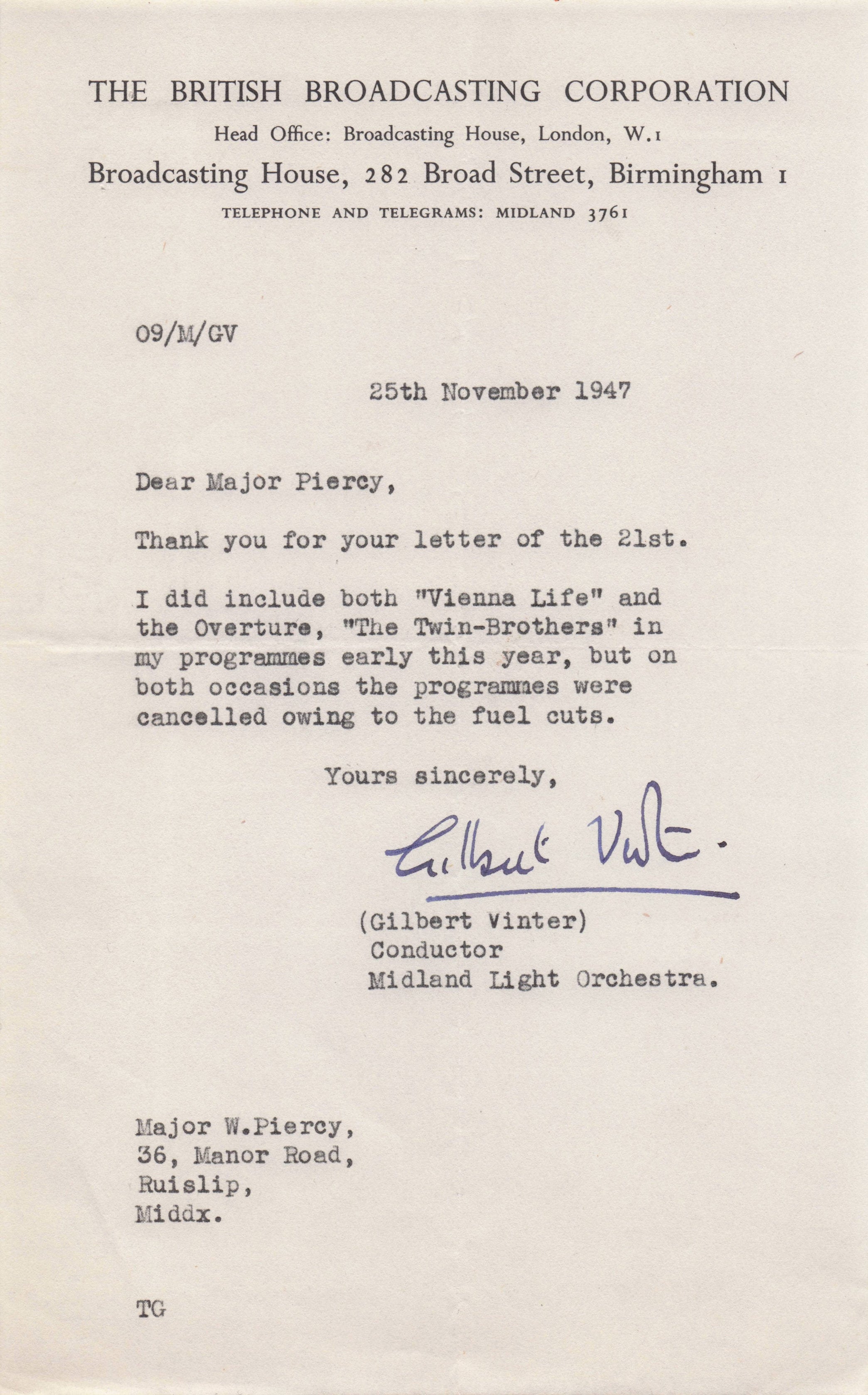 Gilbert Vinter BBC Radio Midland Light Orchestra 1940s Old Hand Signed Letter