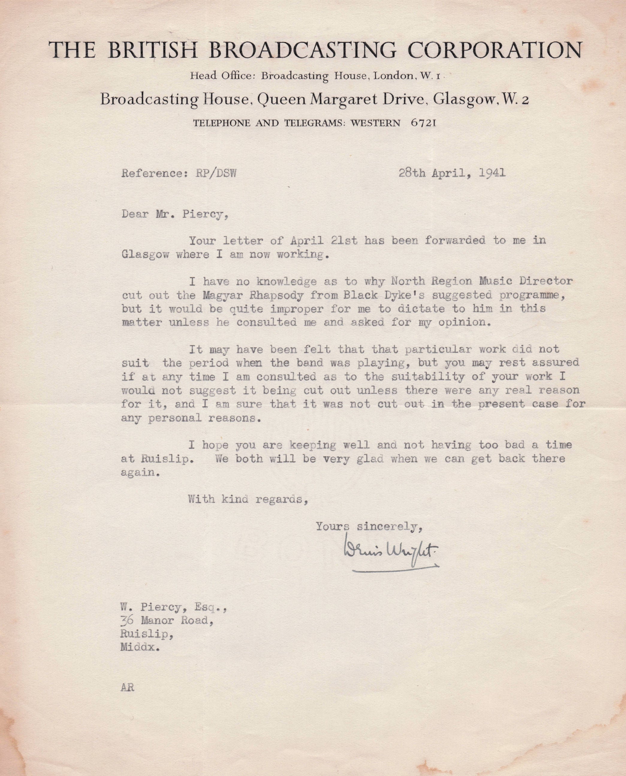 Denis Wright Scotland WW2 Blitz Music Conductor BBC Hand Signed Letter