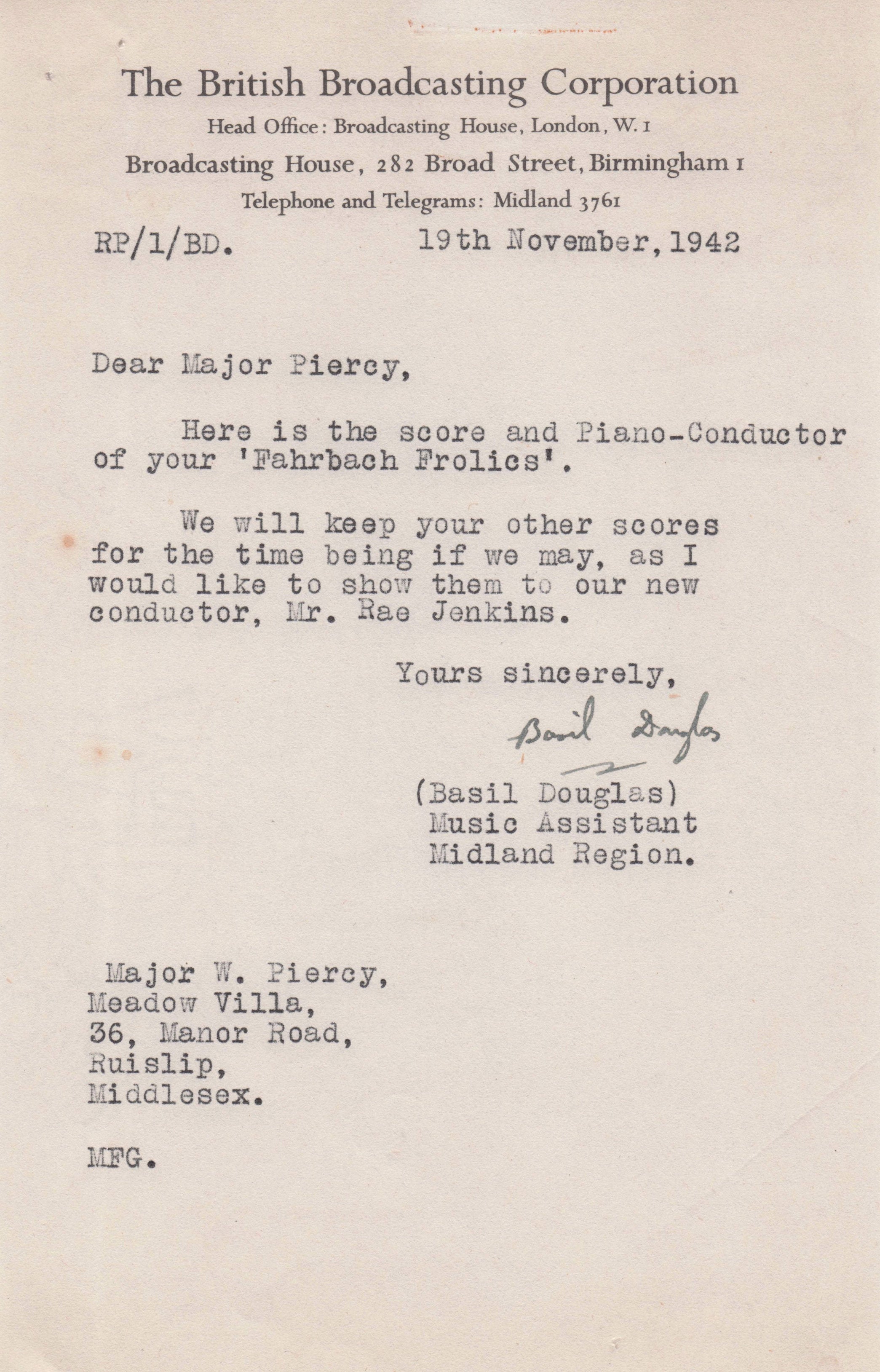 Basil Douglas BBC Scotland WW2 Radio Music In Miniature Hand Signed Letter