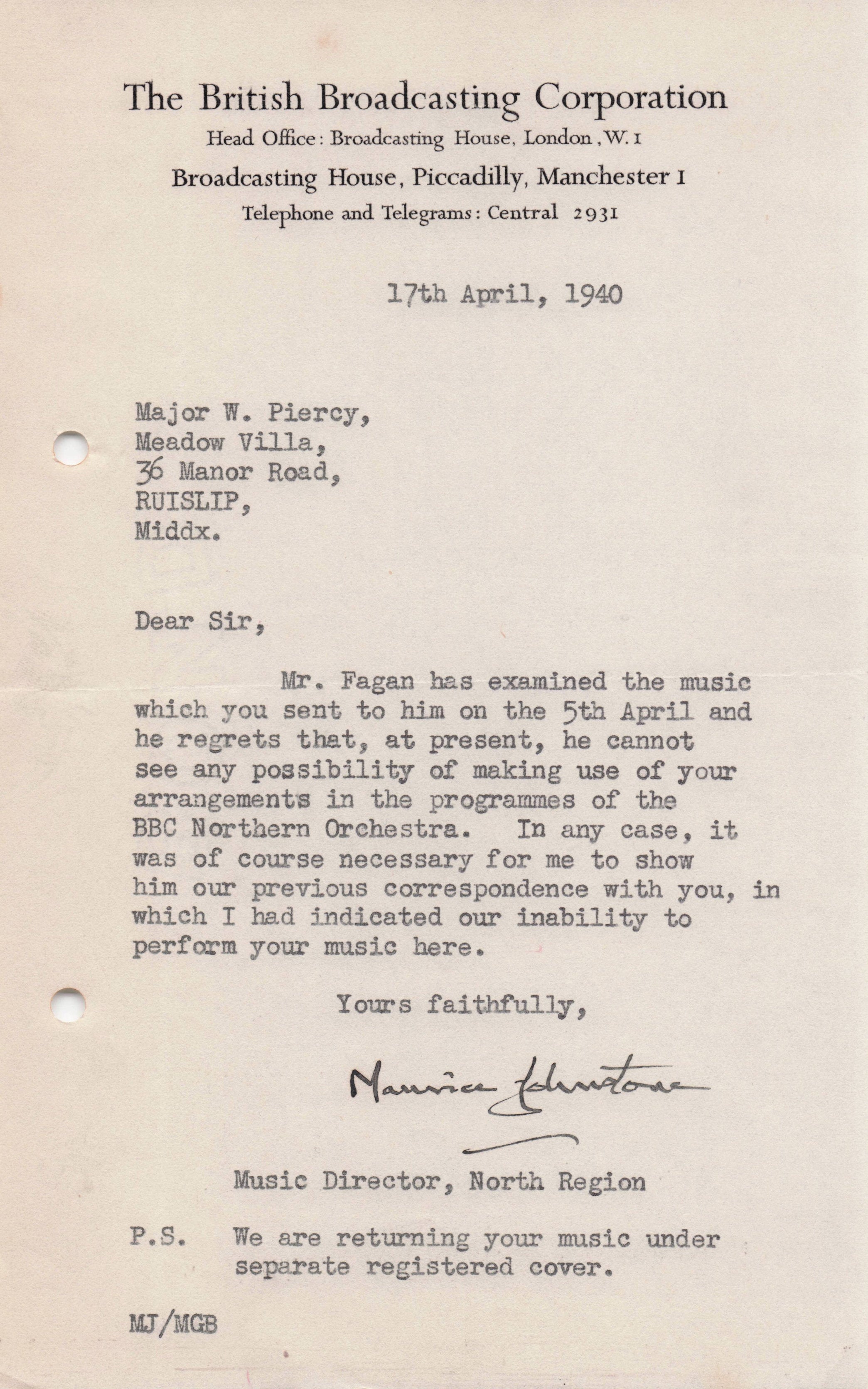 Maurice Johnston BBC WW2 Radio War Manchester Antique Hand Signed Letter