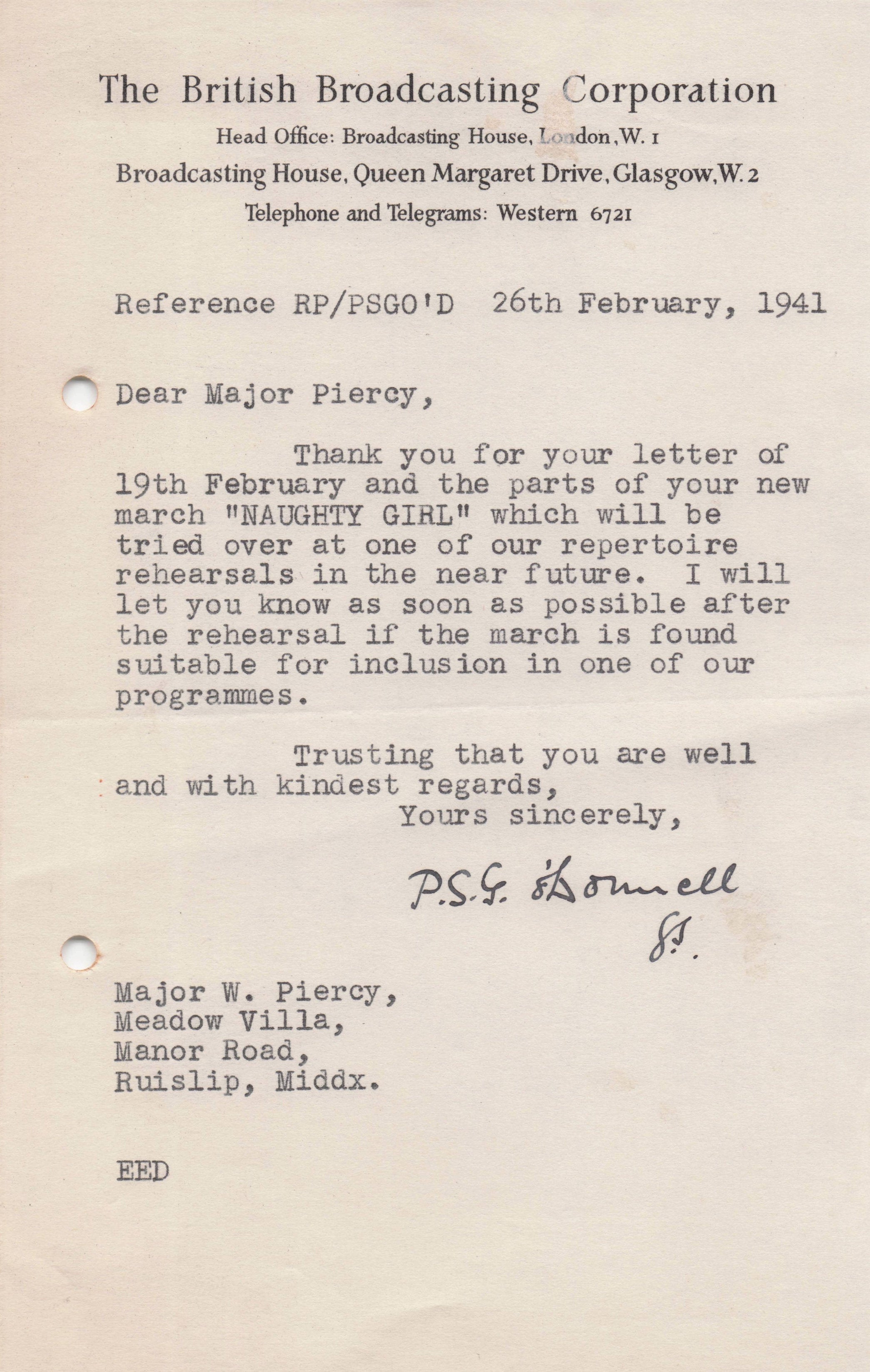 Major Percy P.S.G. O'Donnell BBC WW2 Military Band Conductor Hand Signed Letter