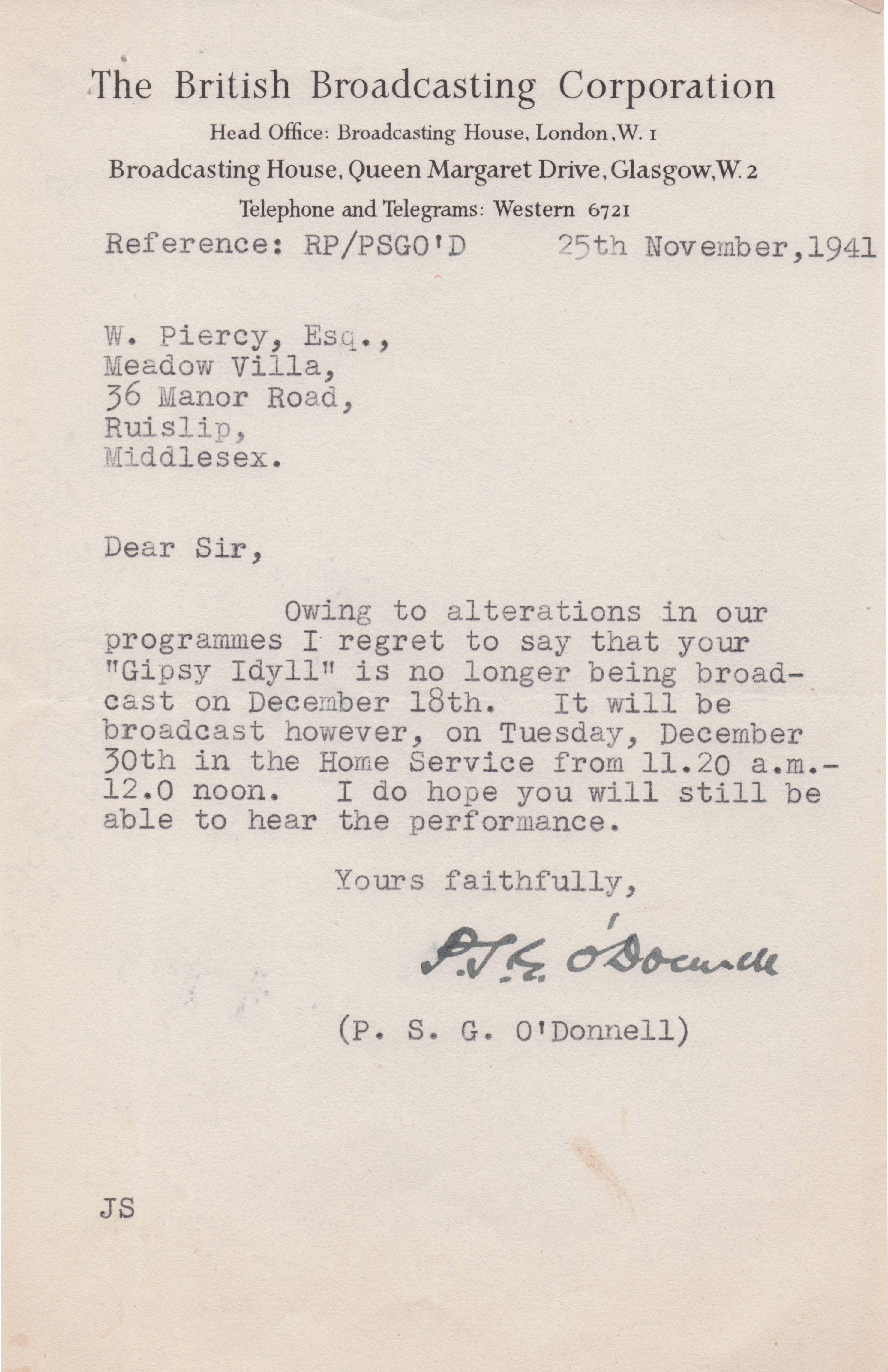 Percy P.S.G. O'Donnell BBC WW2 Military Radio Band Conductor Hand Signed Letter