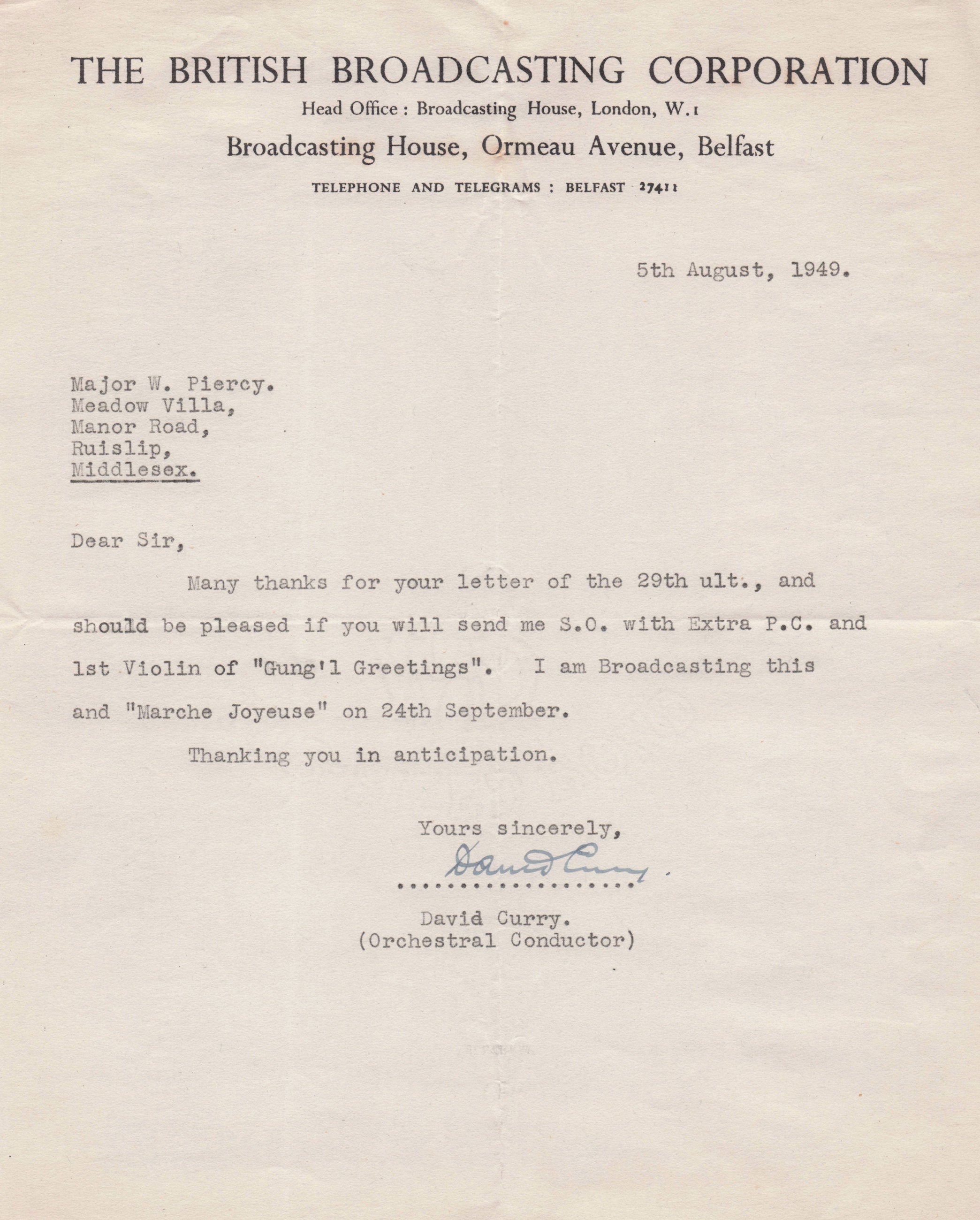 David Curry BBC Ireland Irish Wireless Orchestra Antique Hand Signed Letter