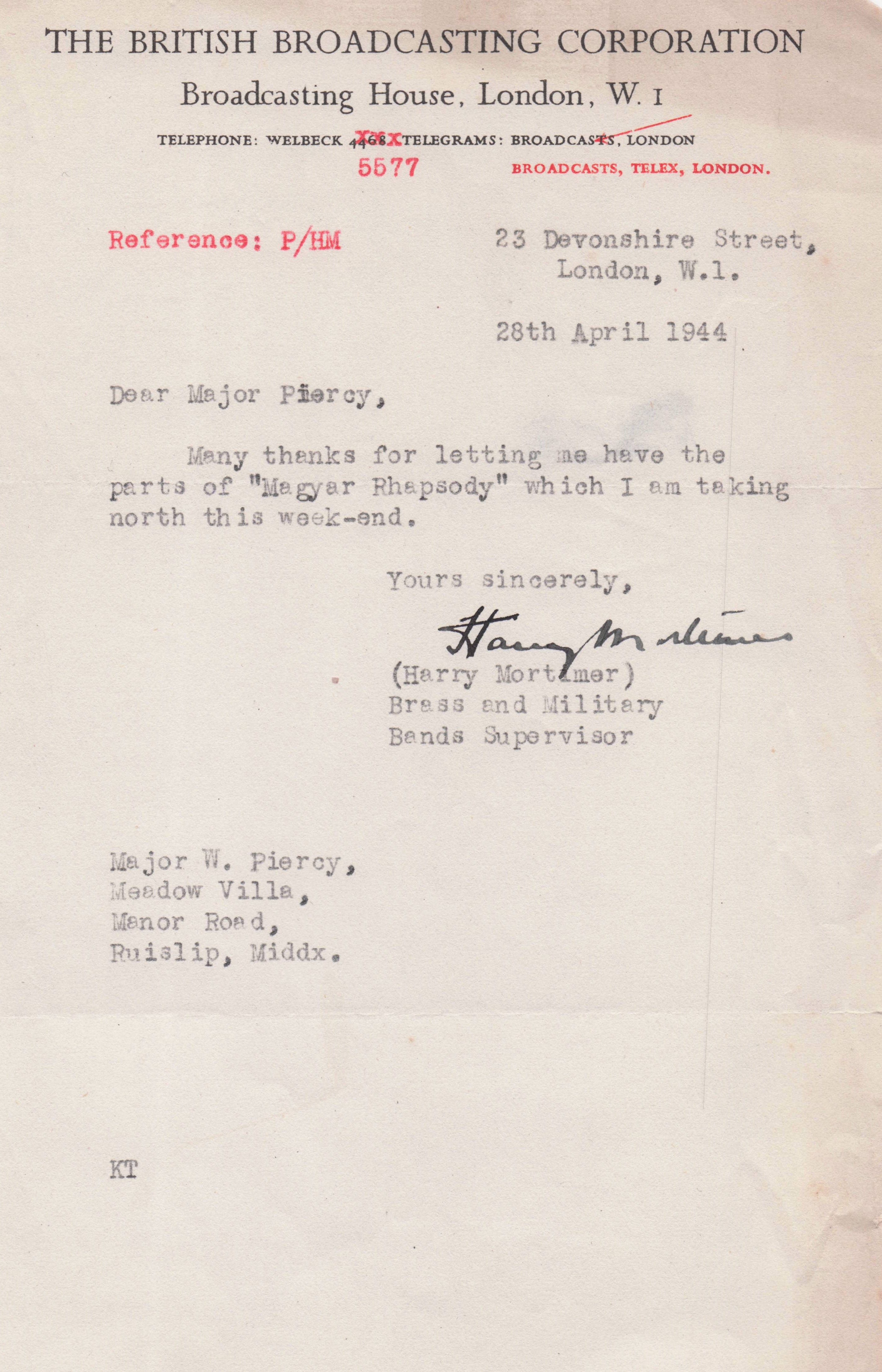 Harry Mortimer BBC WW2 War Salvation Army Band Old Hand Signed Letter