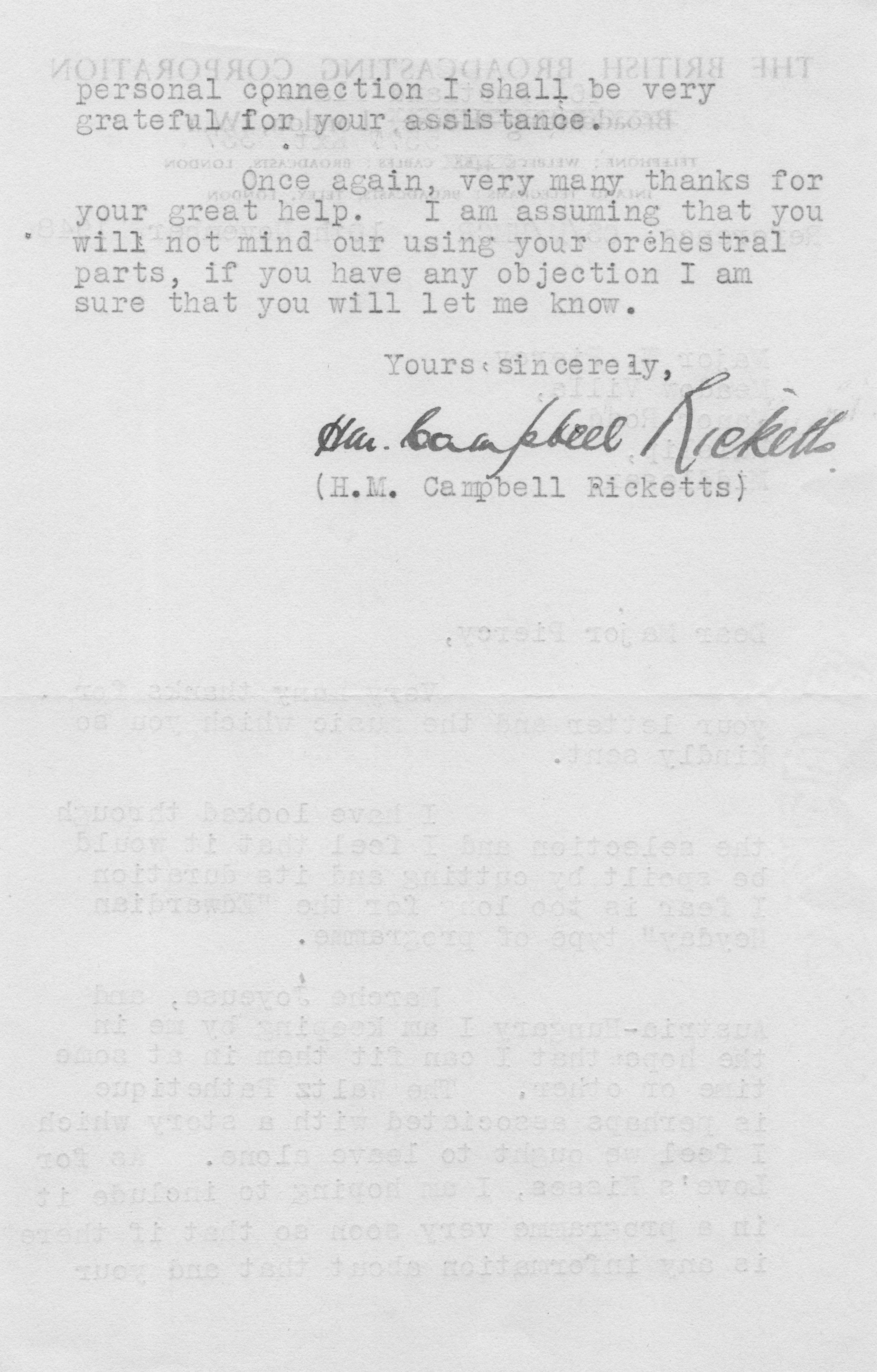 Campbell Ricketts War BBC Military Band Hand Freddie Grisewood Signed Letter