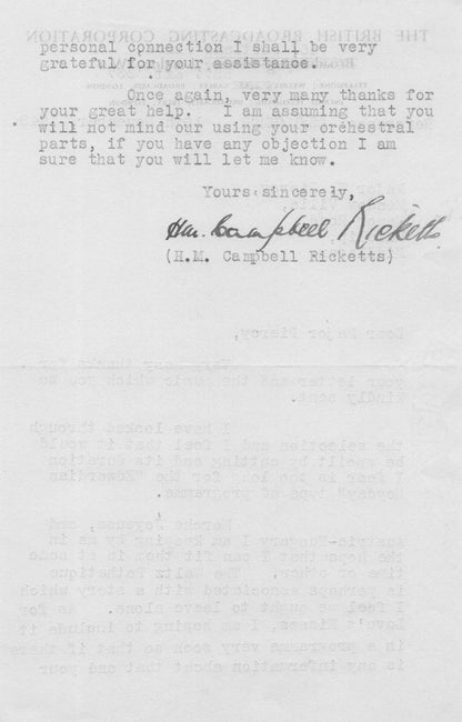 Campbell Ricketts War BBC Military Band Hand Freddie Grisewood Signed Letter