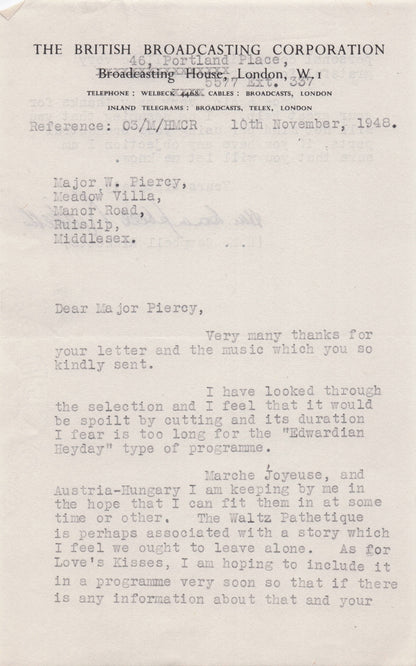 Cambell Ricketts BBC Royal Artillery Band Radio Antique Hand Signed Letter