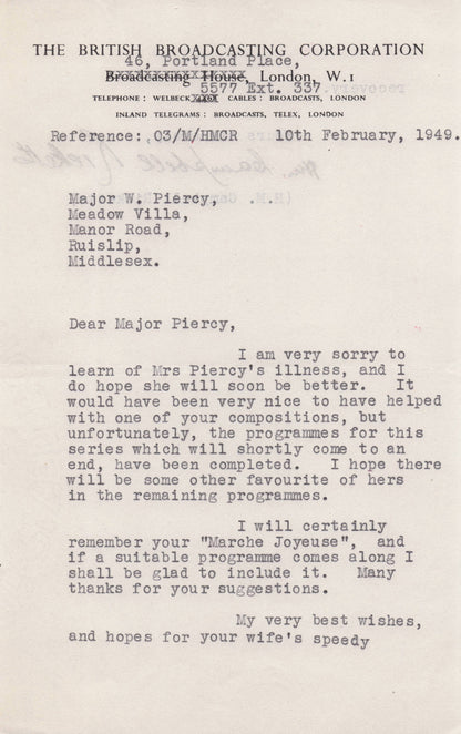 Campbell Ricketts War BBC Military Band Hand Freddie Grisewood Signed Letter