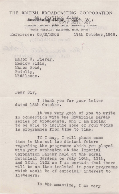 Campbell Ricketts BBC Radio Hand Signed Letter Of Military Coronation 1902 Bazaar