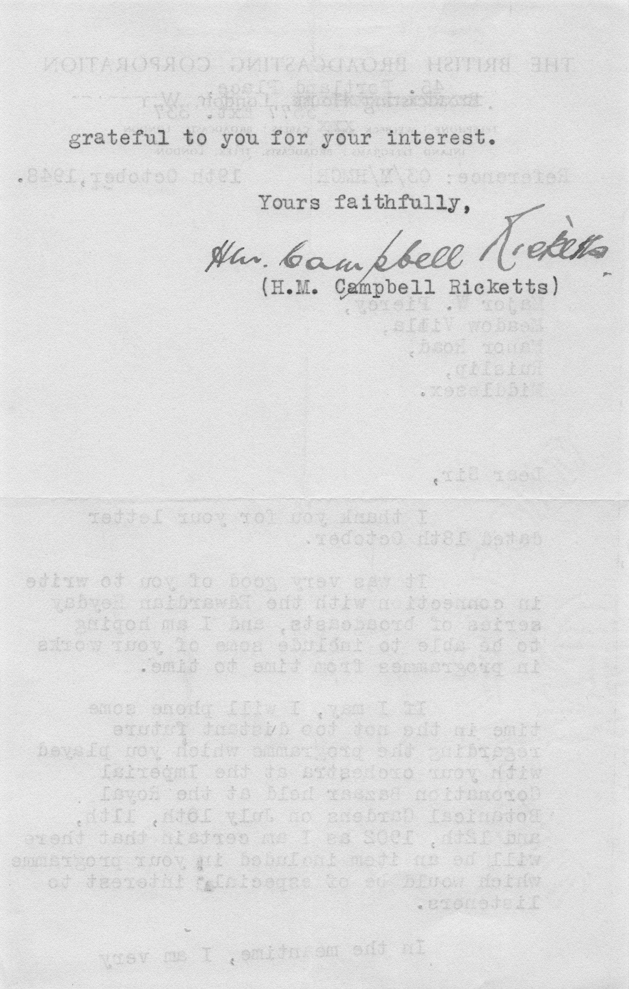 Campbell Ricketts BBC Radio Hand Signed Letter Of Military Coronation 1902 Bazaar