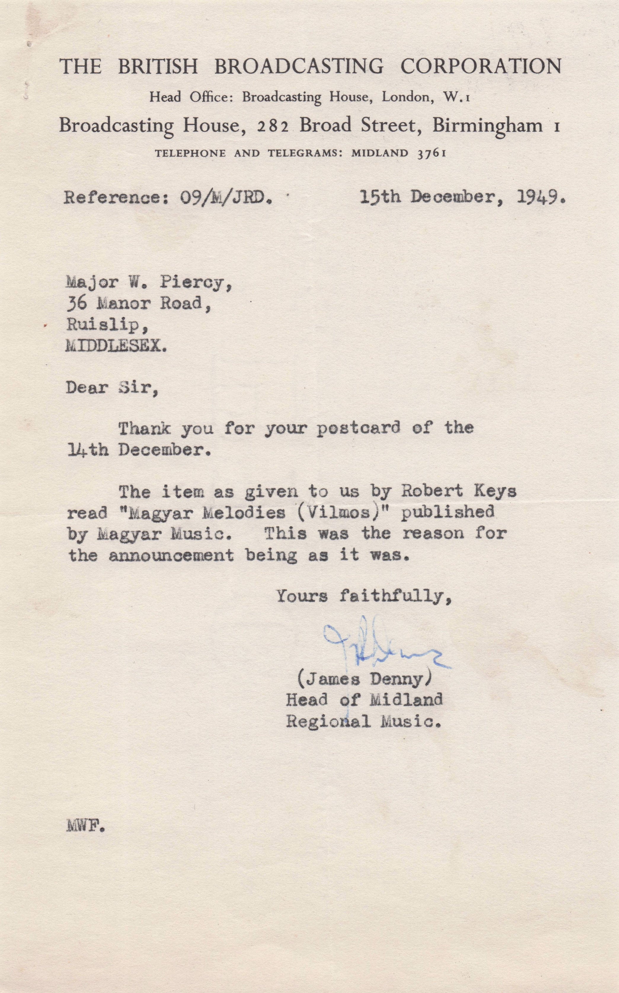 James Denny BBC Midlands Radio MBE War Military Service Hand Signed Letter