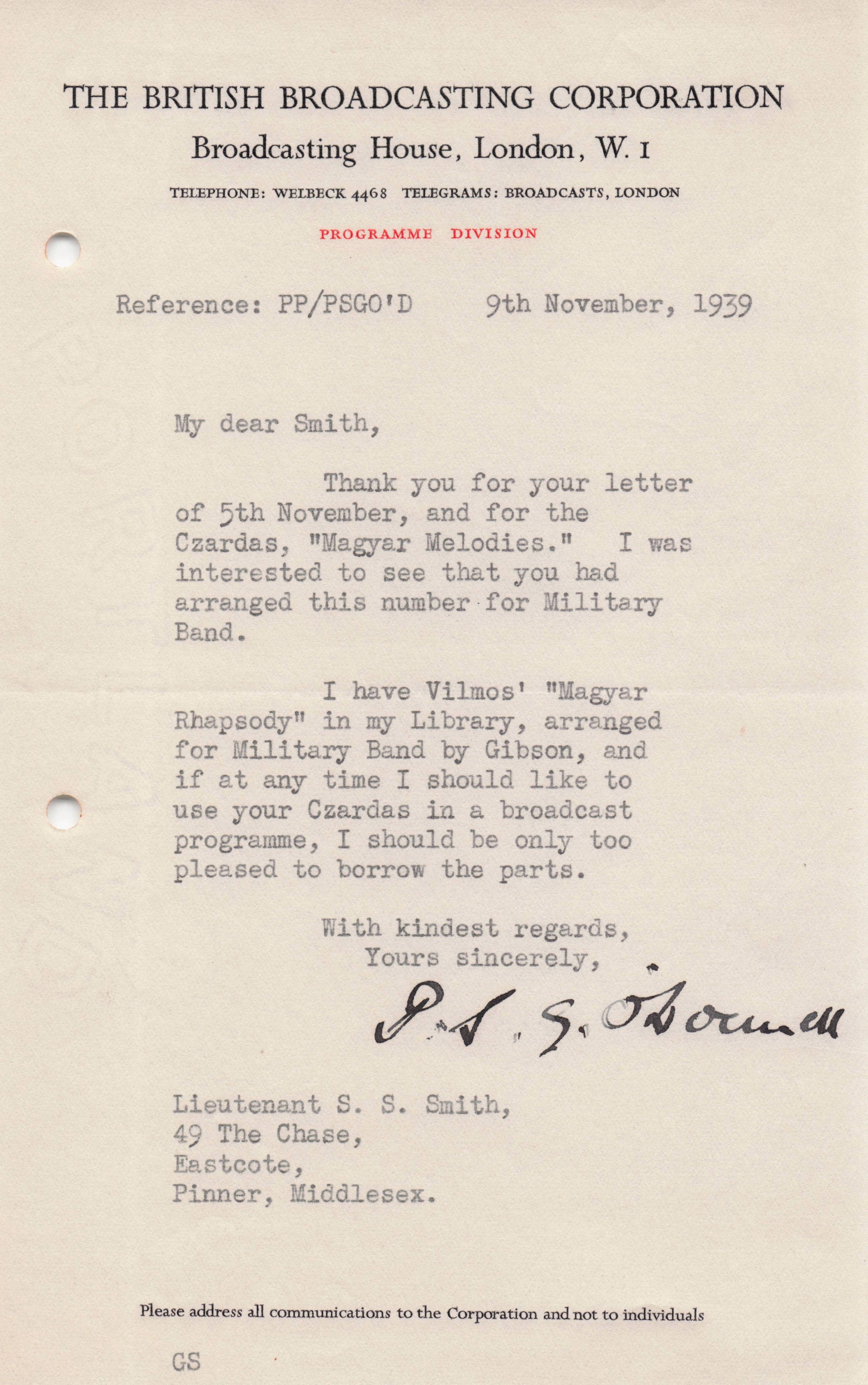 Percy P.S.G. O'Donnell BBC WW2 Military Radio Sheet Music Hand Signed Letter