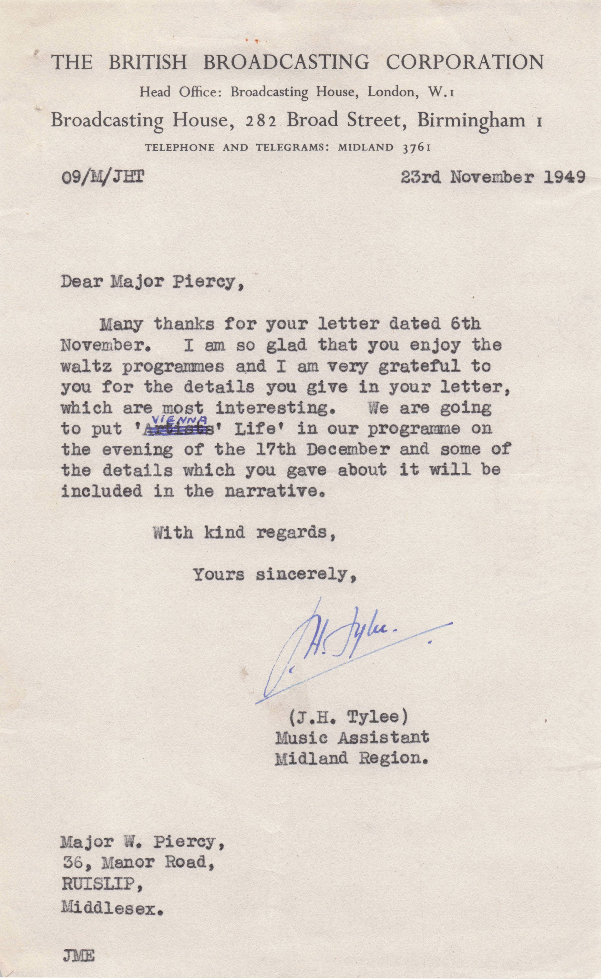 Ian Whyte Scottish WW2 BBC Orchestra Radio War Of Sibelius Hand Signed Letter