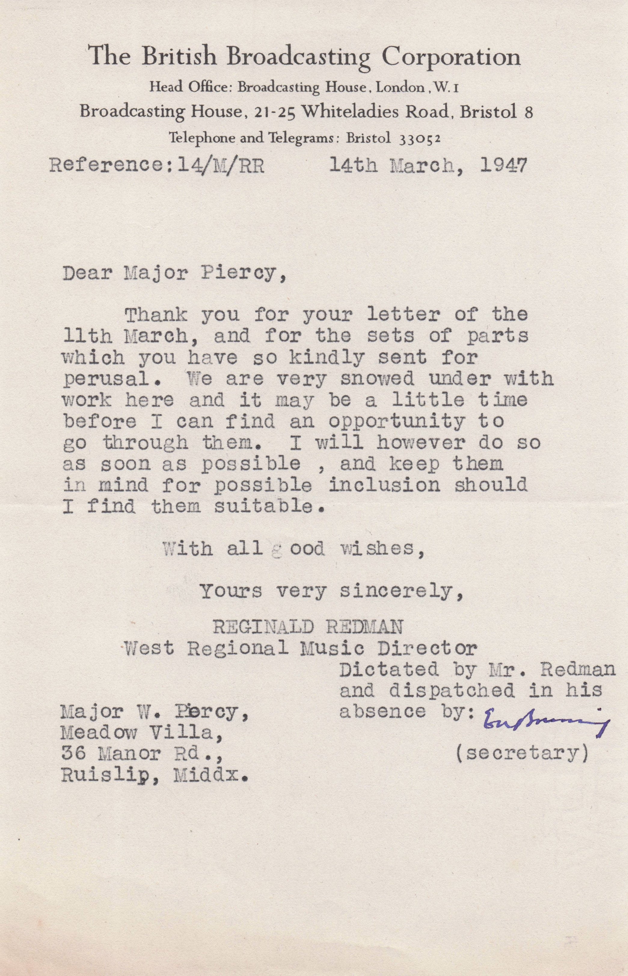 Reginald Redman BBC Head Of 1940s Music Old Hand Signed Letter