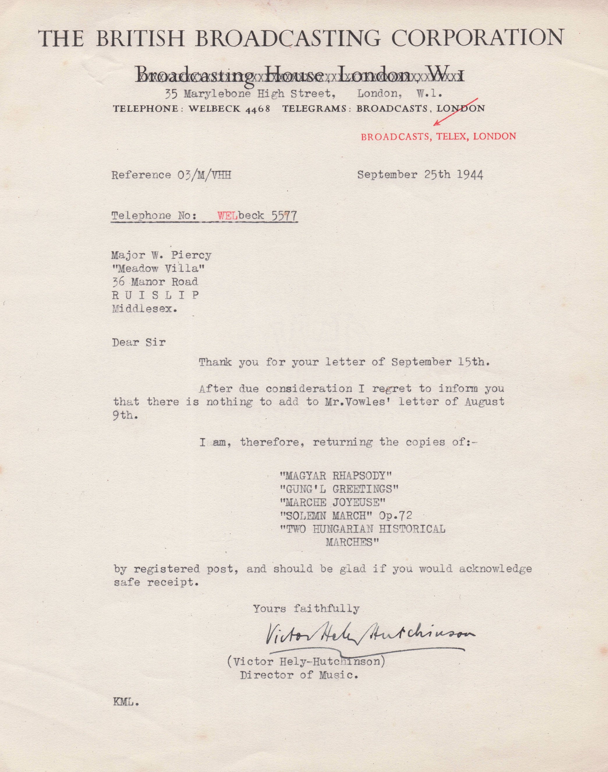 Victor Hely Hutchinson African Pianist Composer BBC WW2 Hand Signed Letter