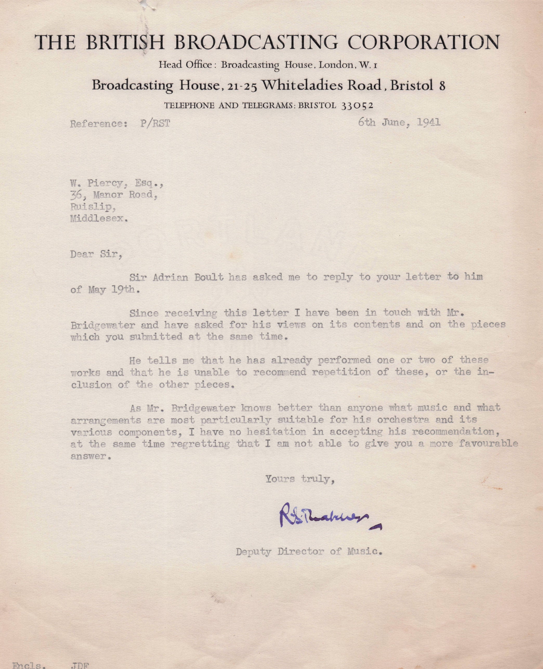 Bristol BBC Music Radio Dep Director Adrian Boult WW2 Hand Signed War Letter
