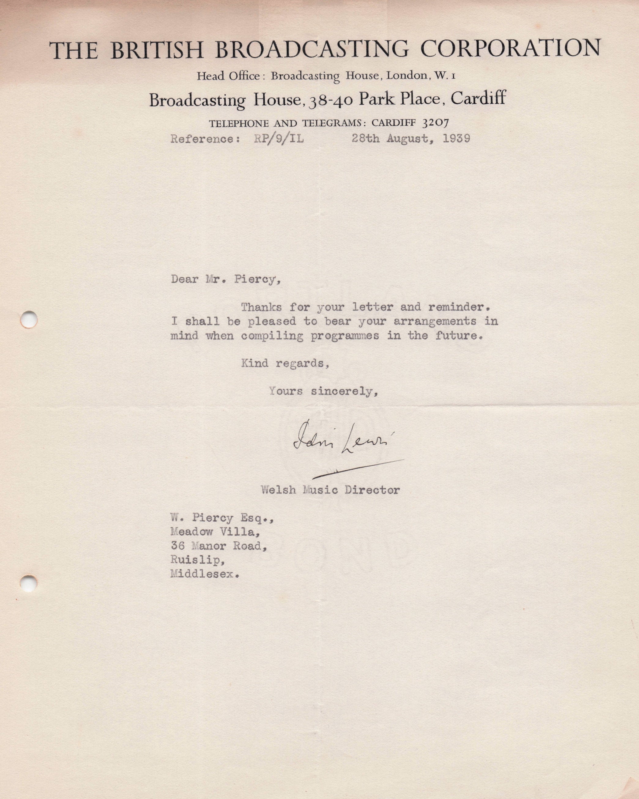 Idris Lewis BBC Wales Welsh WW2 Music Piano Orchestra Hand Signed Letter