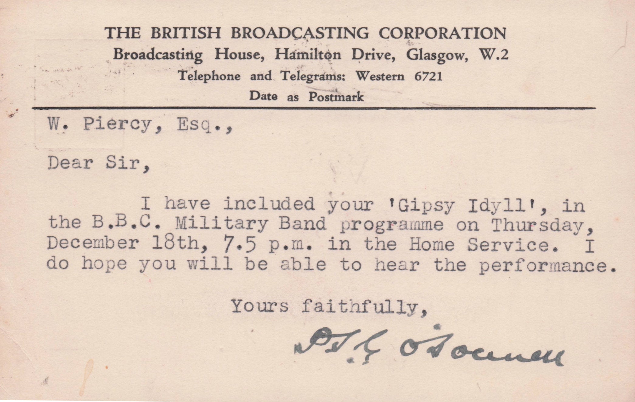 Major Percy PSG O'Donnell BBC Military WW2 War Radio Hand Signed Postcard