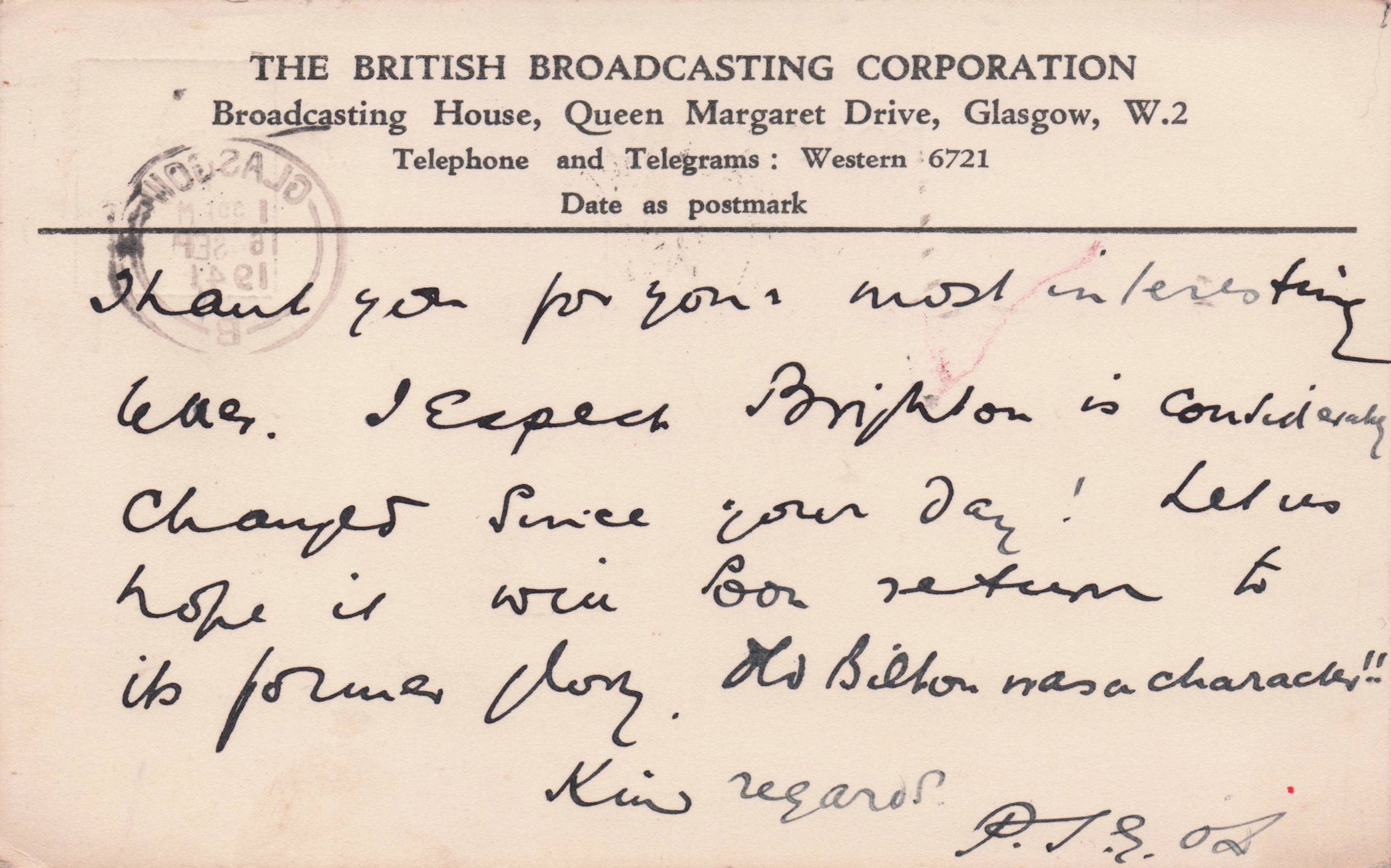 PSG O'Donnell BBC Military WW2 Radio 1941 Presenter Hand Signed Postcard