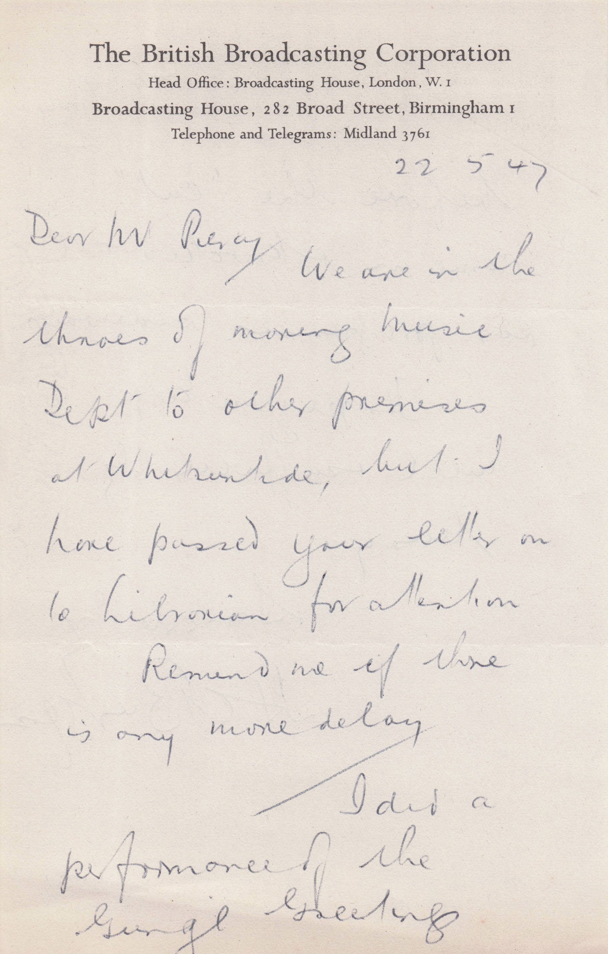 HC BC Burgess BBC Radio Light Orchestra Conductor 1947 Hand Signed Letter