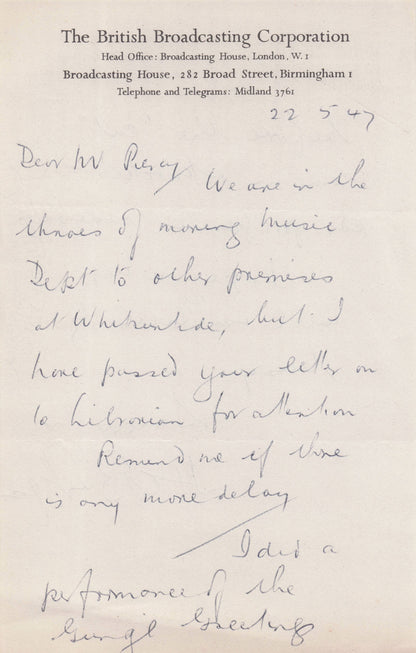 HC BC Burgess BBC Radio Light Orchestra Conductor 1947 Hand Signed Letter