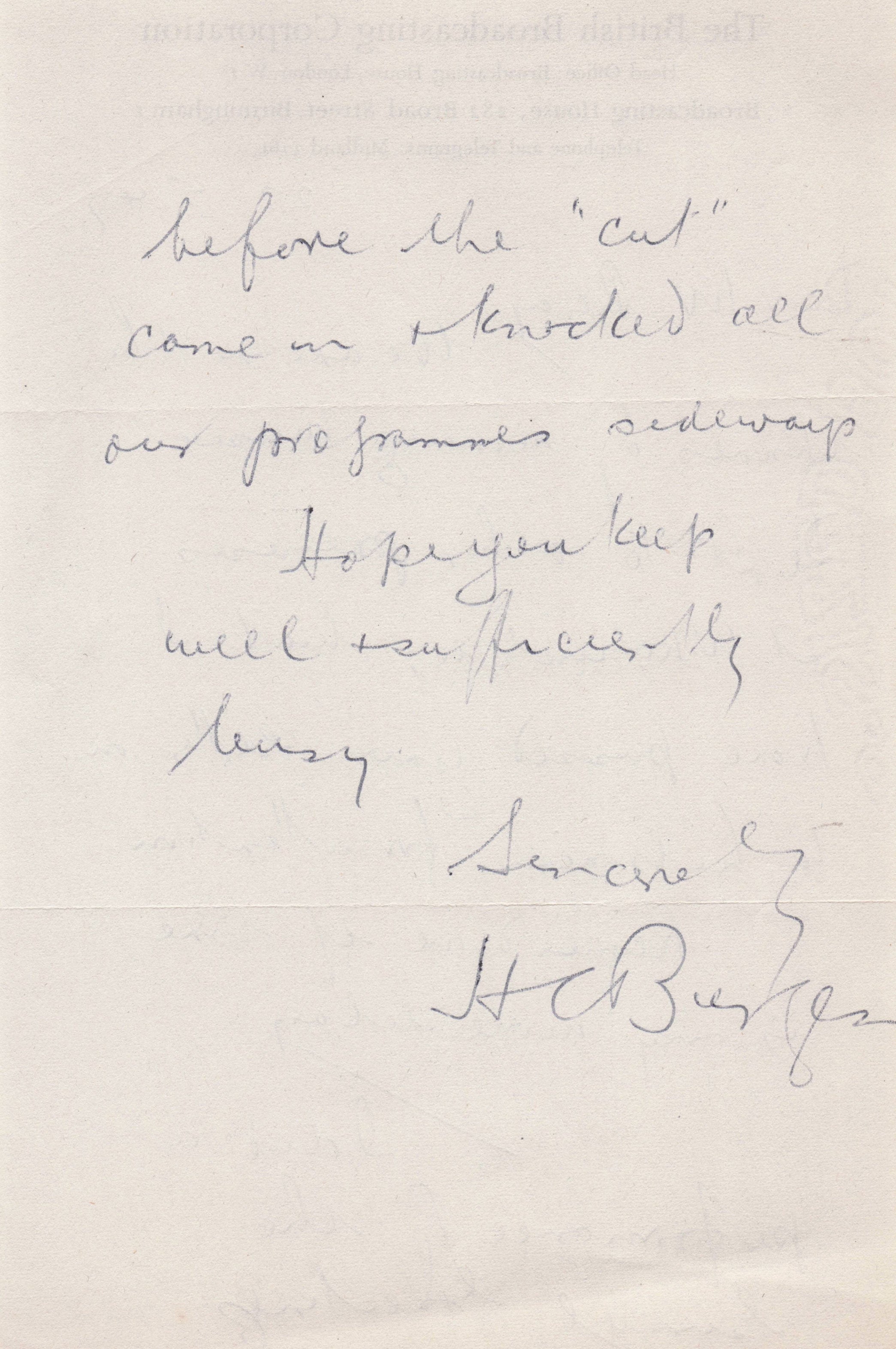 HC BC Burgess BBC Radio Light Orchestra Conductor 1947 Hand Signed Letter