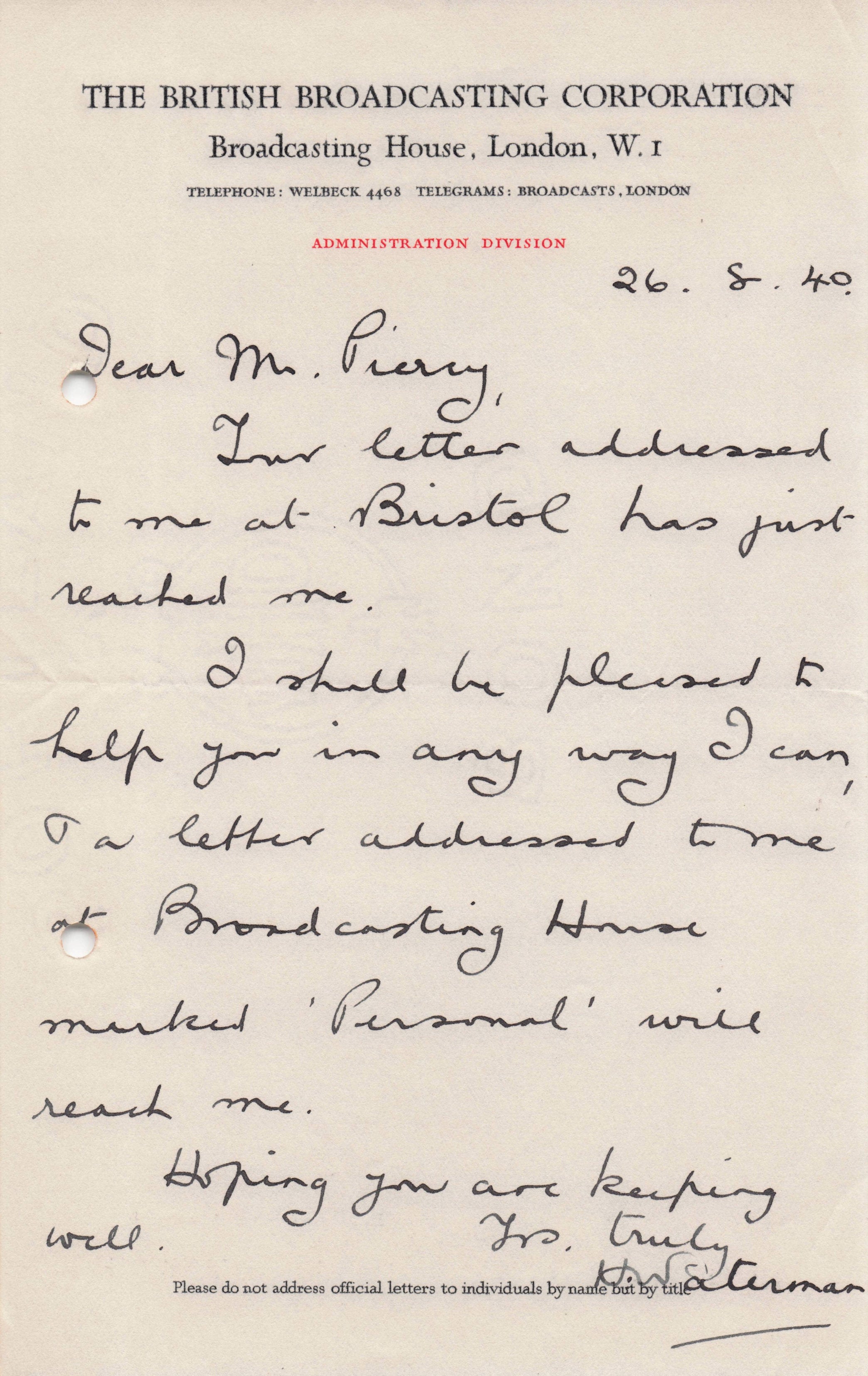 H.Waterman BBC WW2 Radio Letter Of Support To Military Major Hand Signed