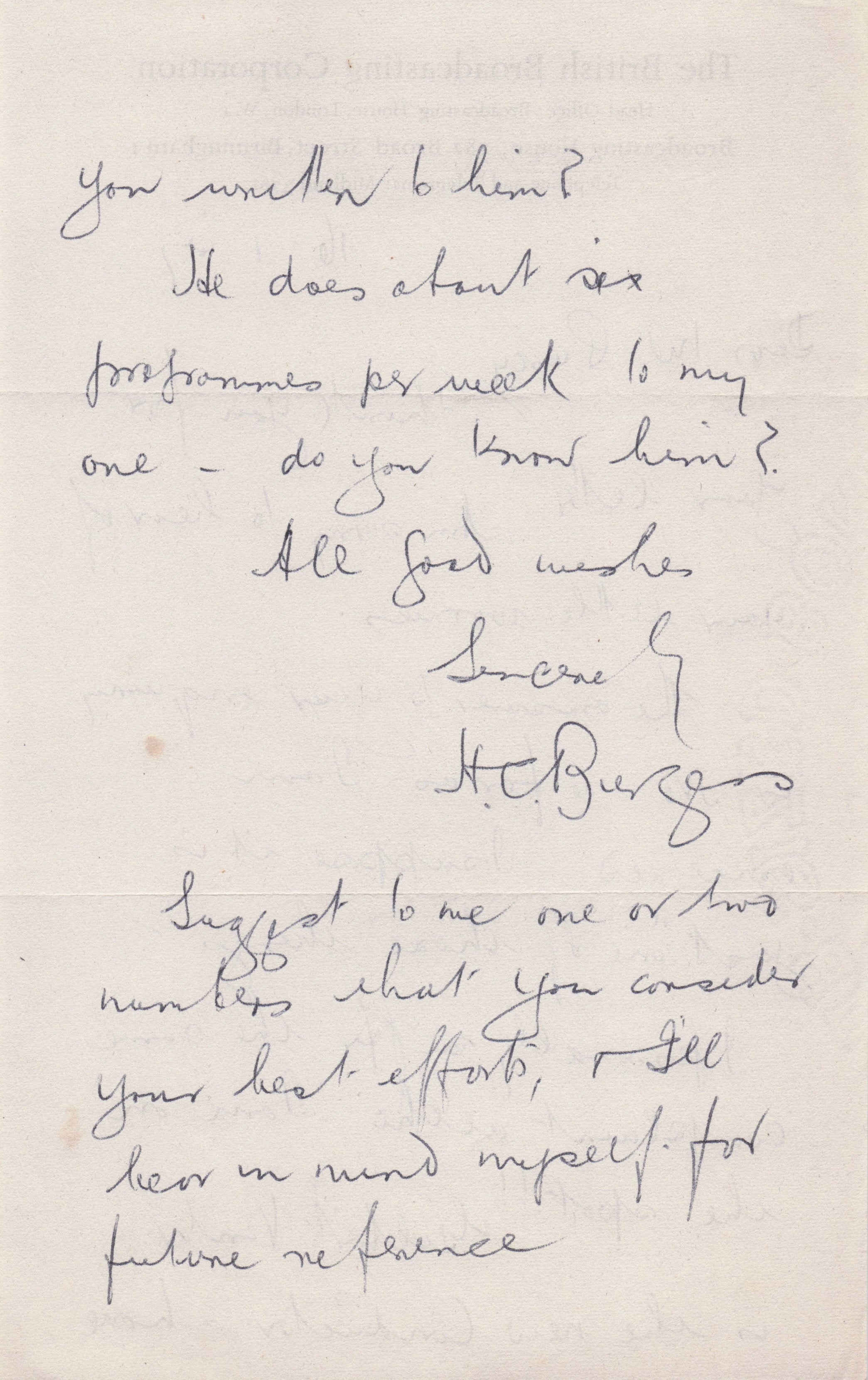 HC Burgess BBC Birmingham Light Orchestra 1940s Radio Hand Signed Old Letter