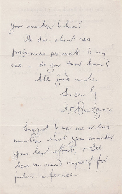 HC Burgess BBC Birmingham Light Orchestra 1940s Radio Hand Signed Old Letter