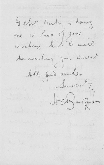 HC Burgess BBC Birmingham Orchestra 1940s Radio Hand Signed Old Rare Letter