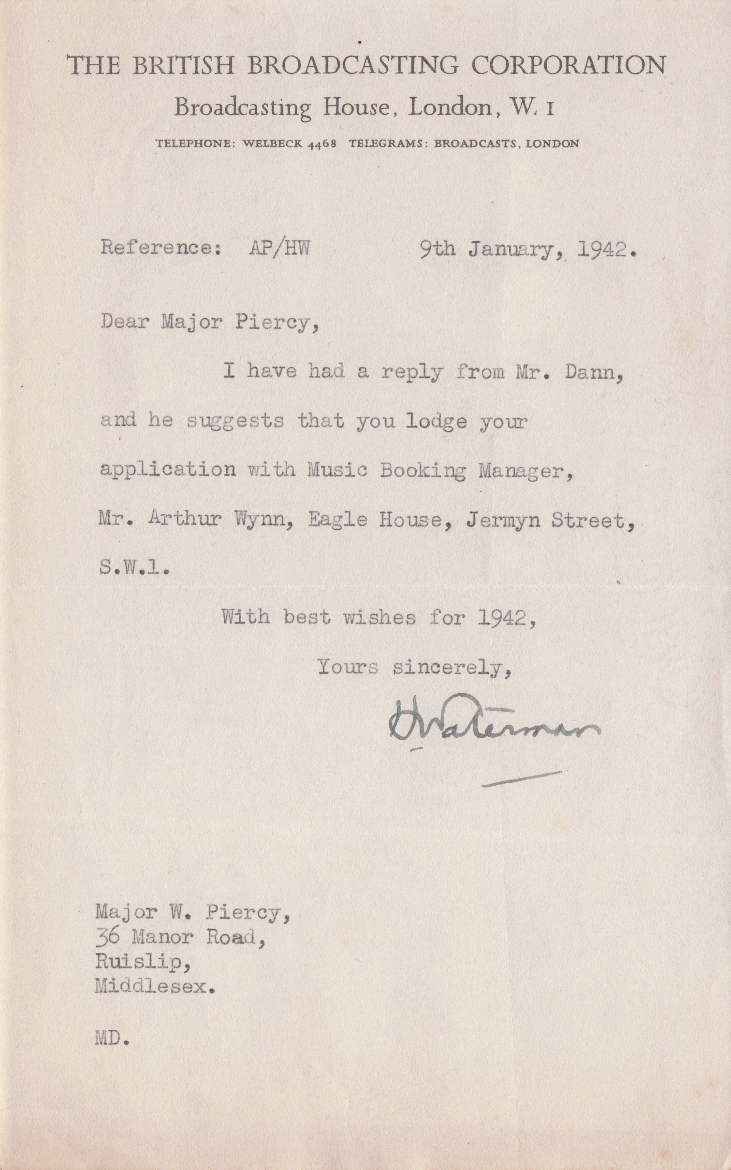 H.Waterman WW2 BBC Radio Music Show Curator Hand Signed War Letter