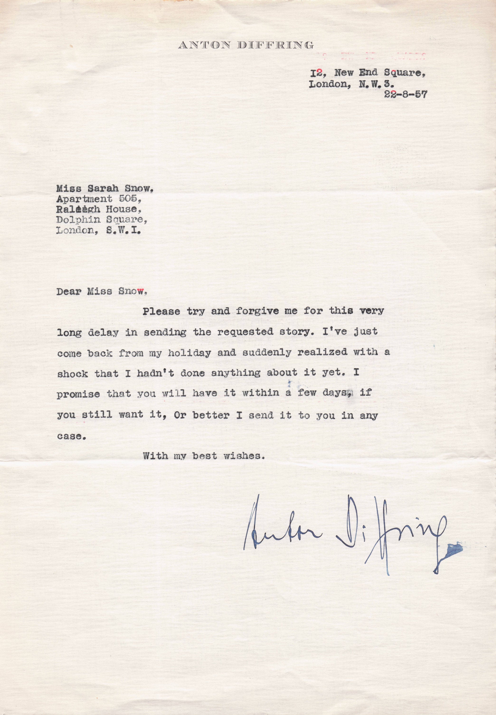Anton Diffring WW2 Nazi The Colditz Story Where Eagles Dare Hand Signed Letter