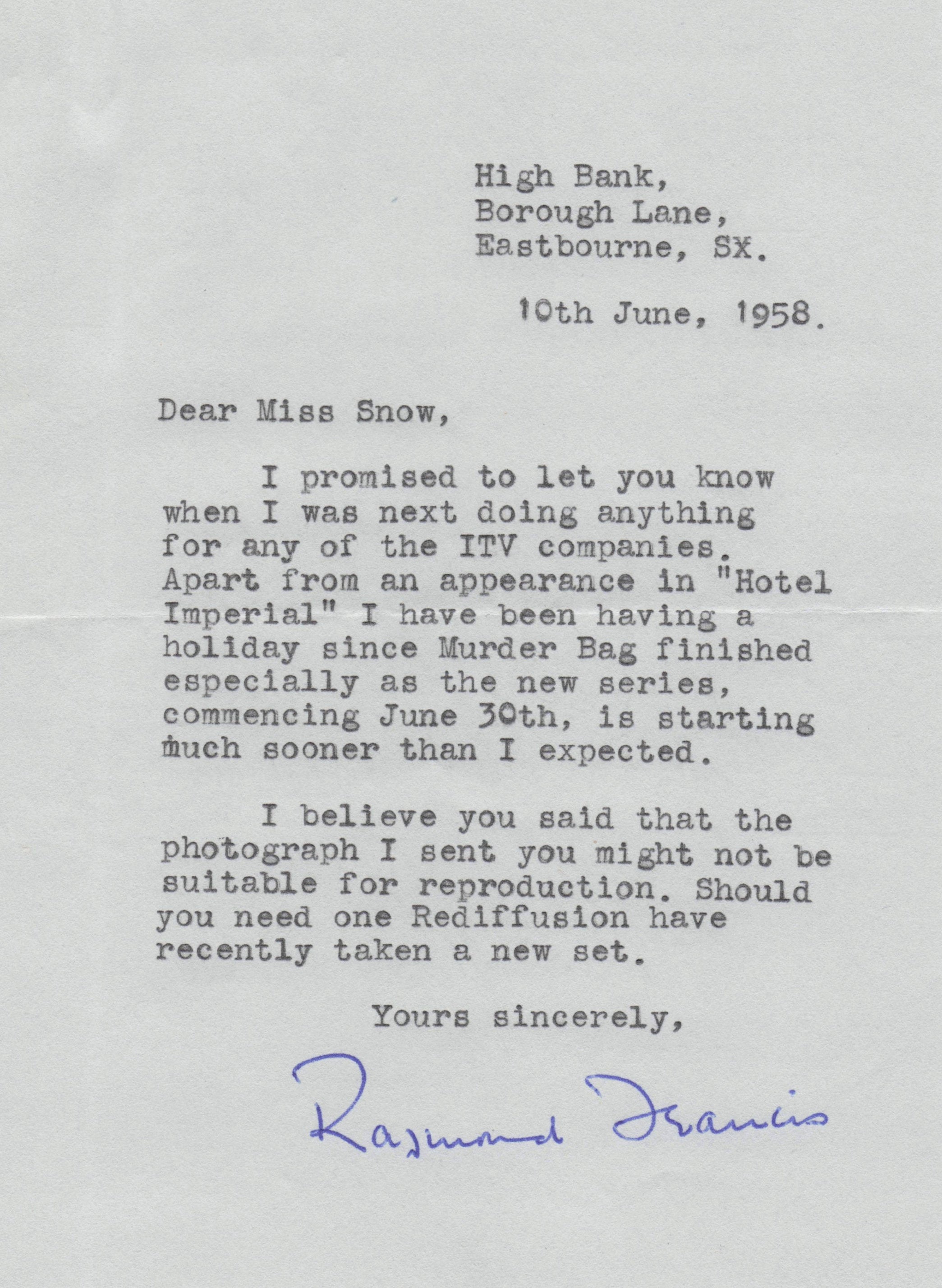 Raymond Francis Actor Tom Lockhart 2x Home Address Hand Signed Letter s