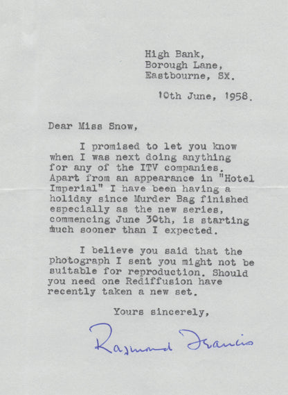 Raymond Francis Actor Tom Lockhart 2x Home Address Hand Signed Letter s