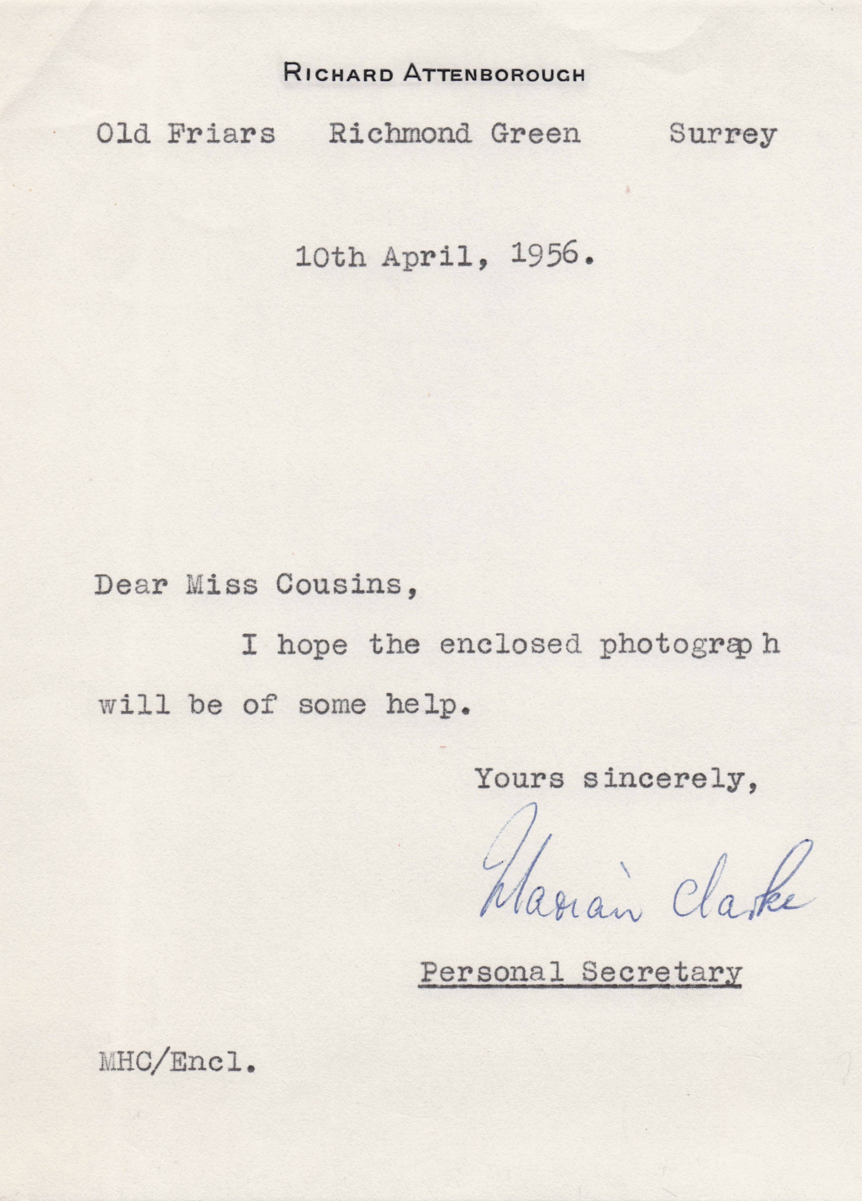 Richard Attenborough 1956 Officlal Headed Paper Personal Secretary Signed