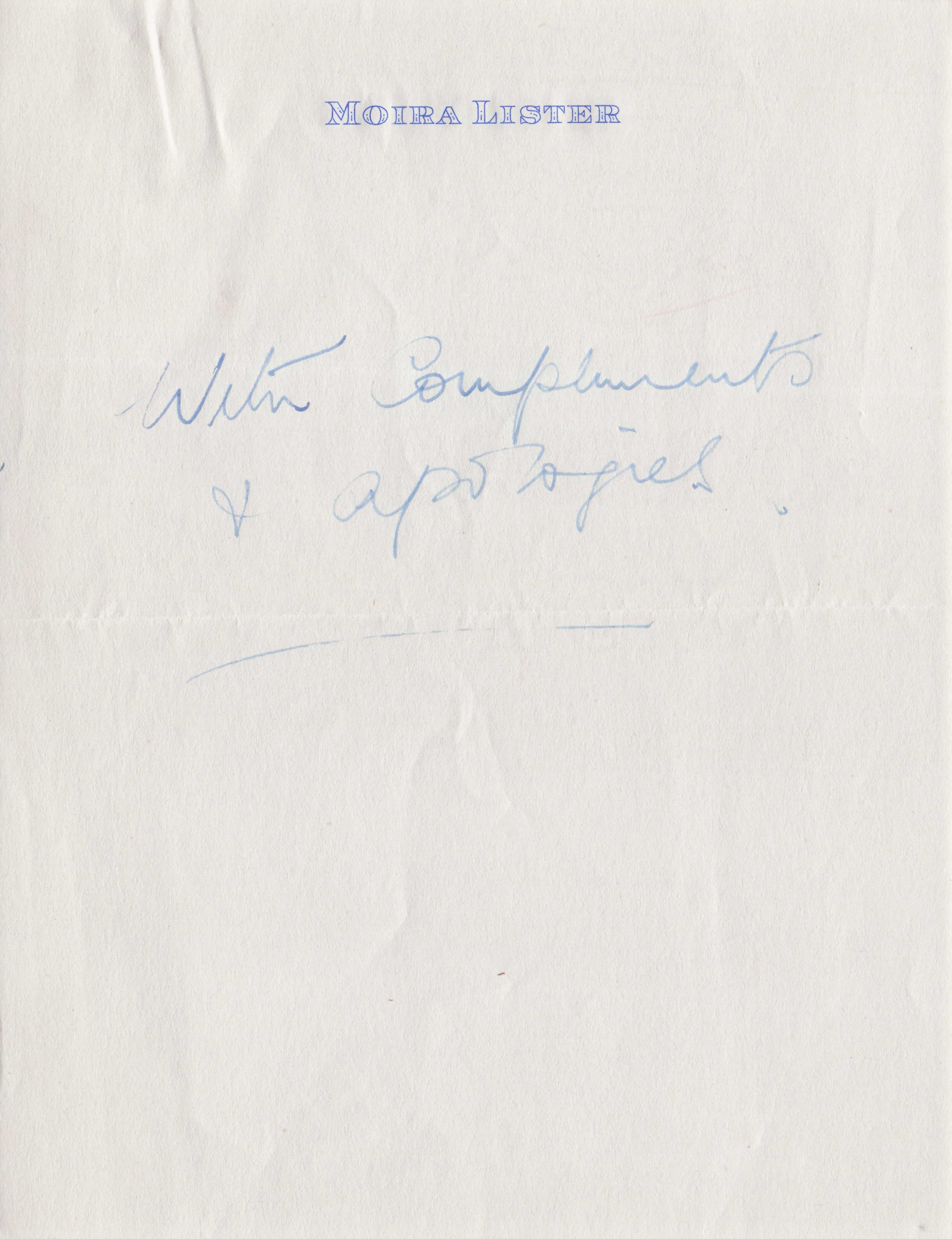 Moira Lister Actress Un Signed Antique Official Headed Paper