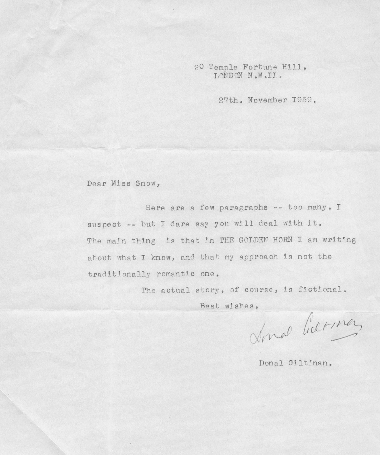 Donal Giltinan Cork Irish Playwright RTE Armchair Theatre ITV Old Hand Signed Letter